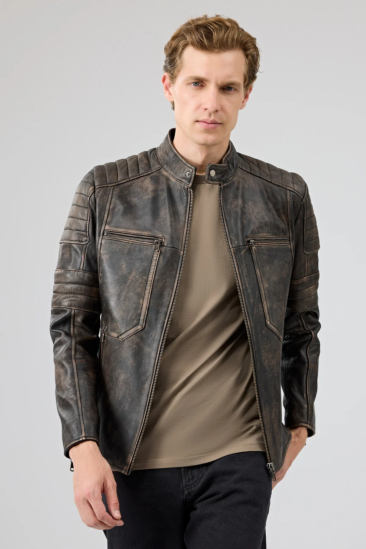 Morant Erkek Kahverengi Vintage Slim-Fit Deri Ceket - Image 4