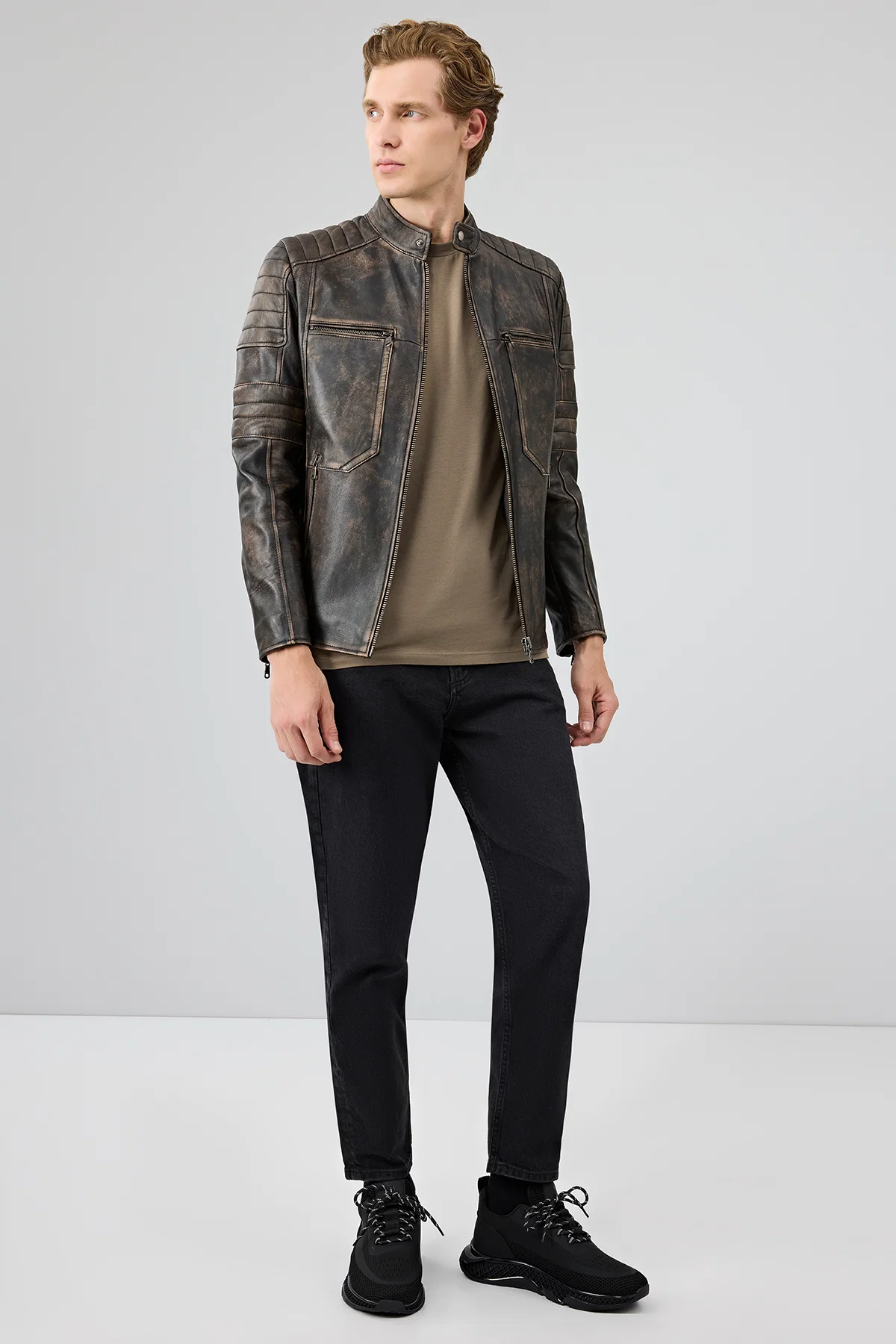 Morant Erkek Kahverengi Vintage Slim-Fit Deri Ceket - Image 6