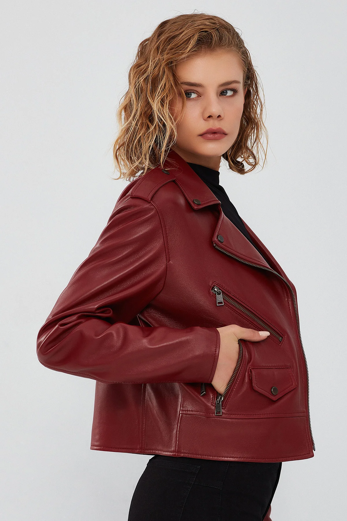New Look Kadın Bordo Biker Ceket - Image 2