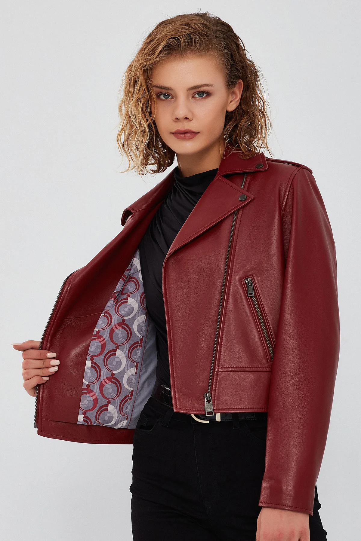 New Look Kadın Bordo Biker Ceket - Image 5