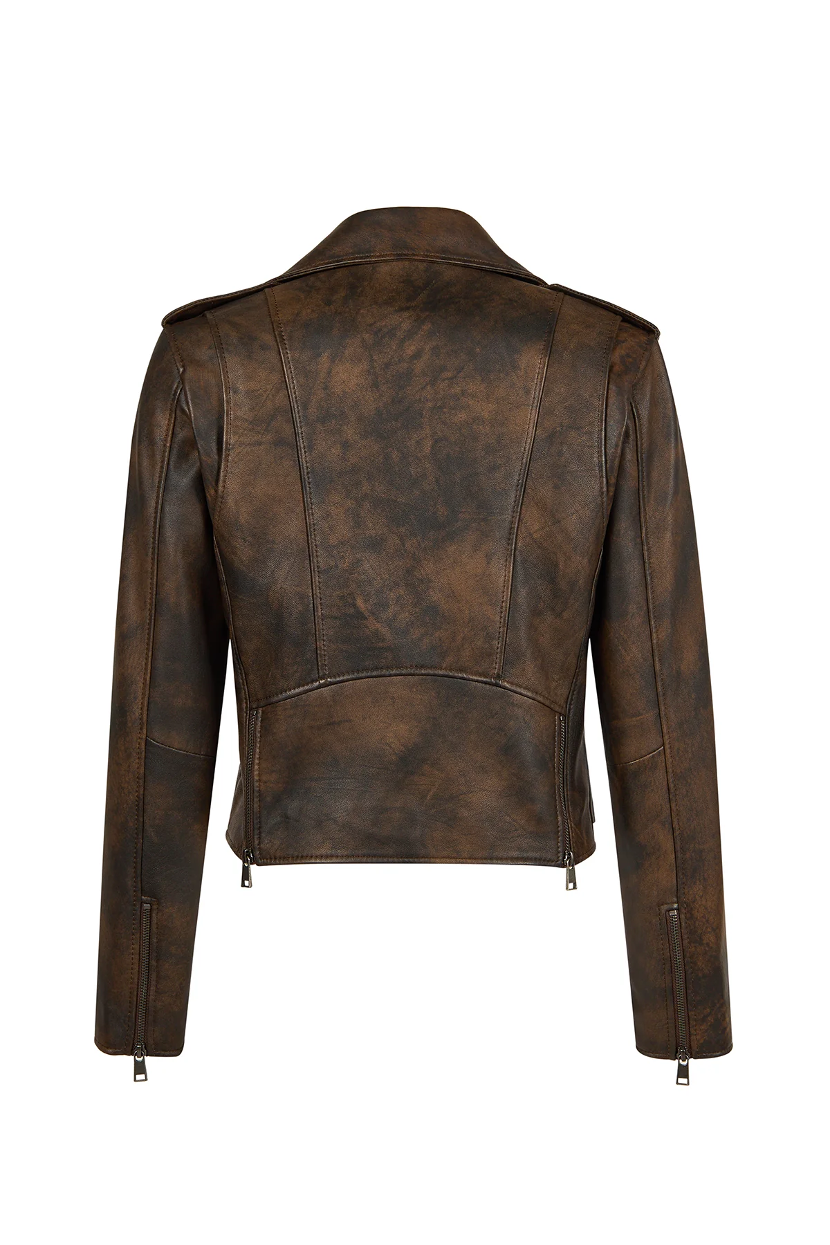 Newage Kadın Kahverengi Slim-Fit Biker Deri Ceket - Image 2