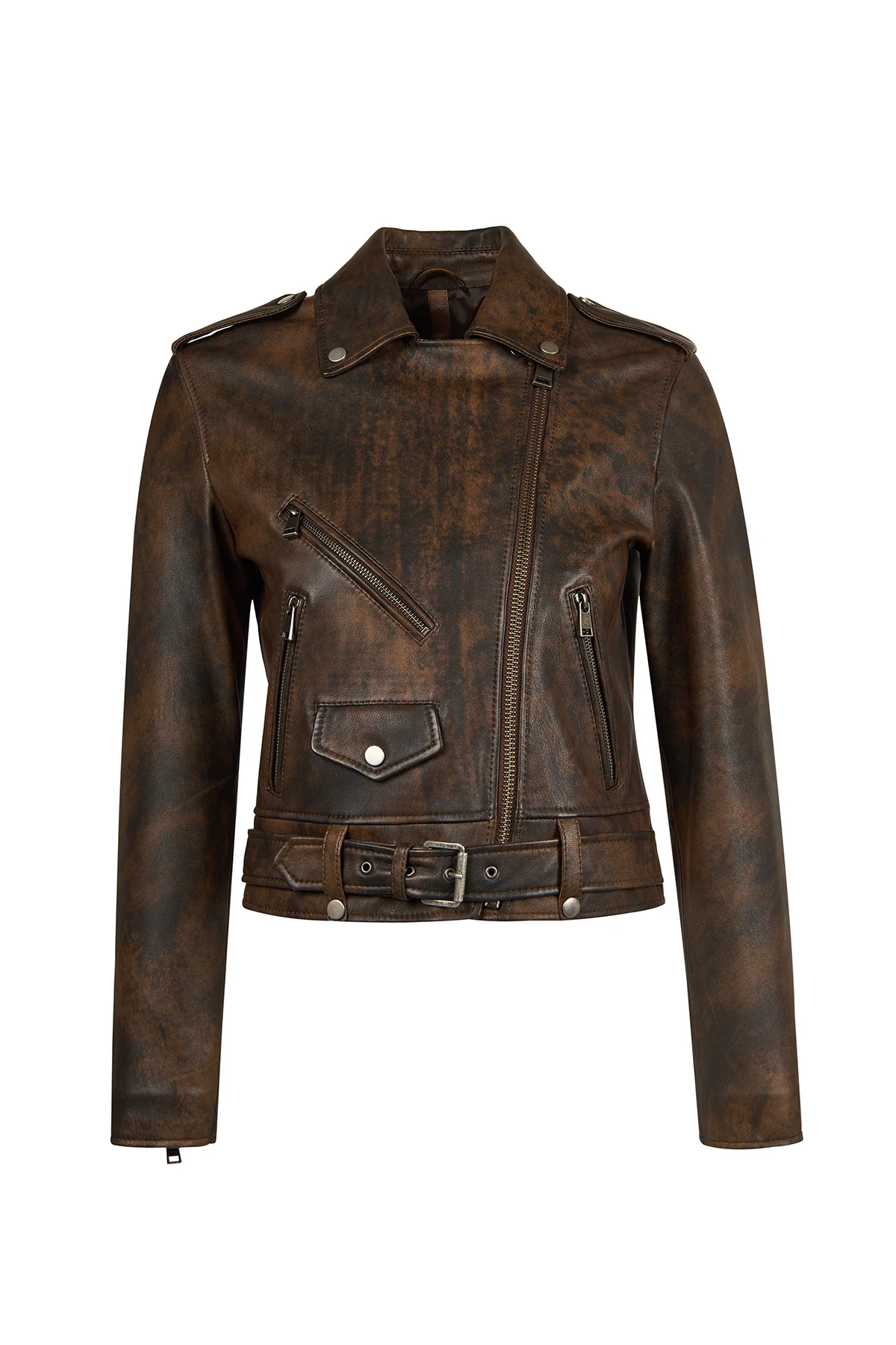 Newage Kadın Kahverengi Slim-Fit Biker Deri Ceket - Image 3