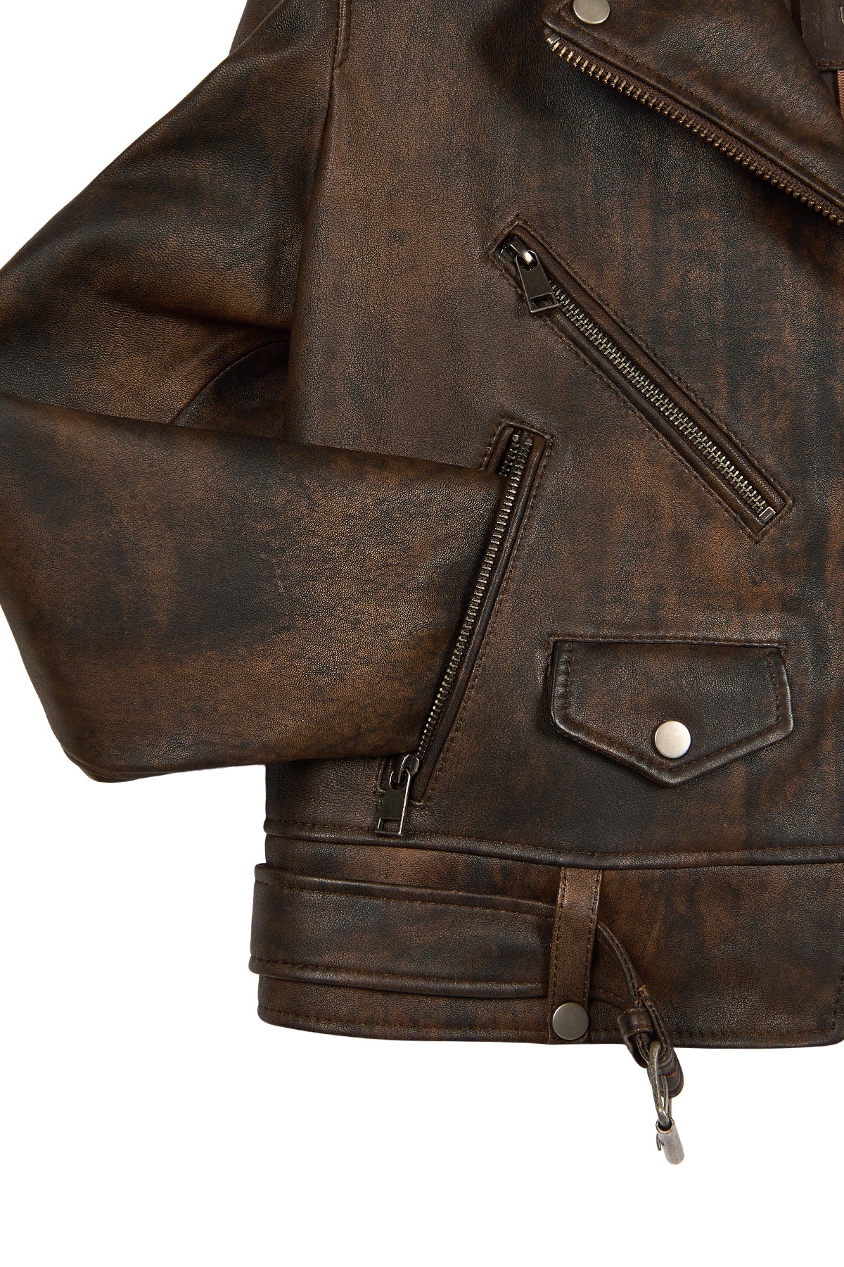 Newage Kadın Kahverengi Slim-Fit Biker Deri Ceket - Image 9