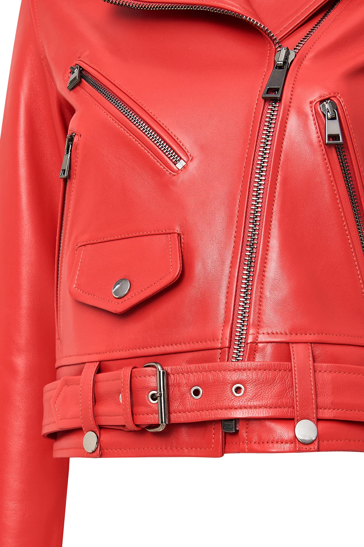 Newage Kadın Kırmızı Slim-Fit Biker Deri Ceket - Image 3