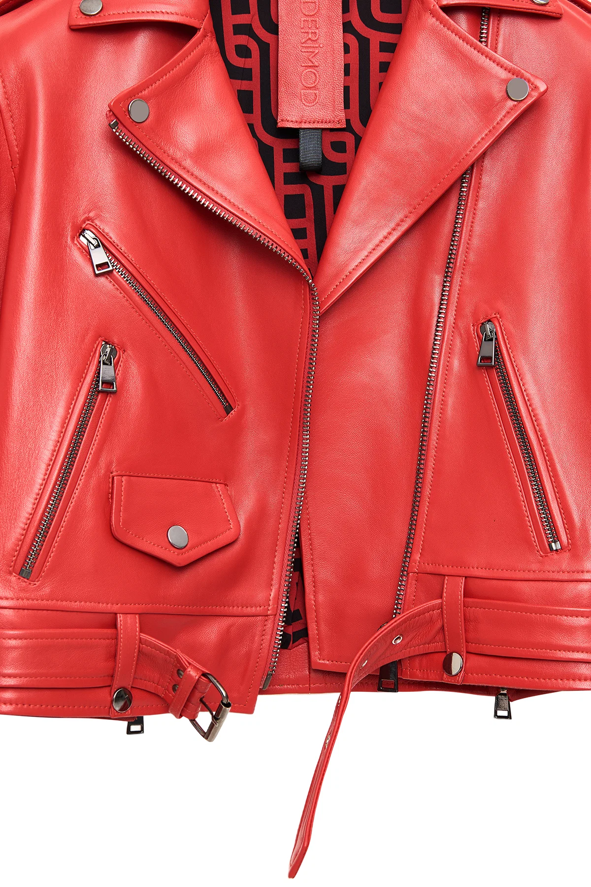 Newage Kadın Kırmızı Slim-Fit Biker Deri Ceket - Image 5