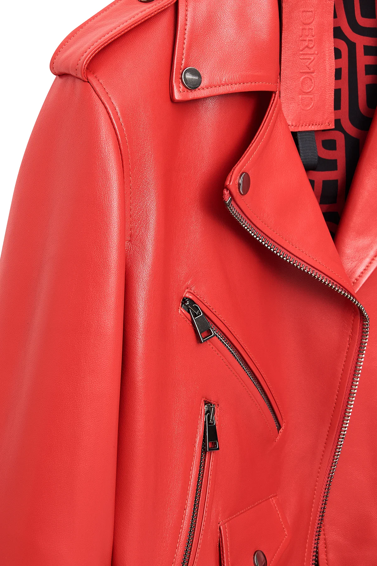 Newage Kadın Kırmızı Slim-Fit Biker Deri Ceket - Image 6