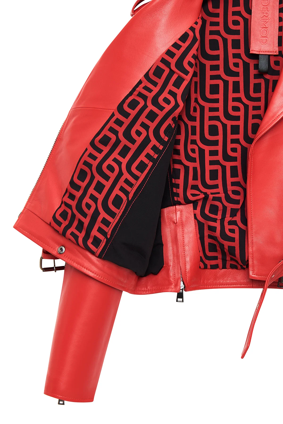 Newage Kadın Kırmızı Slim-Fit Biker Deri Ceket - Image 7