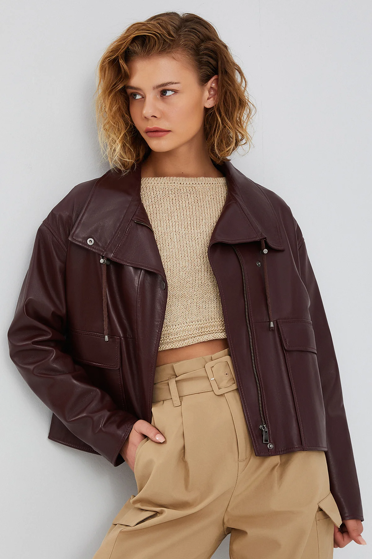 Nova Kadın Bordo Oversize Deri Ceket - Image 2