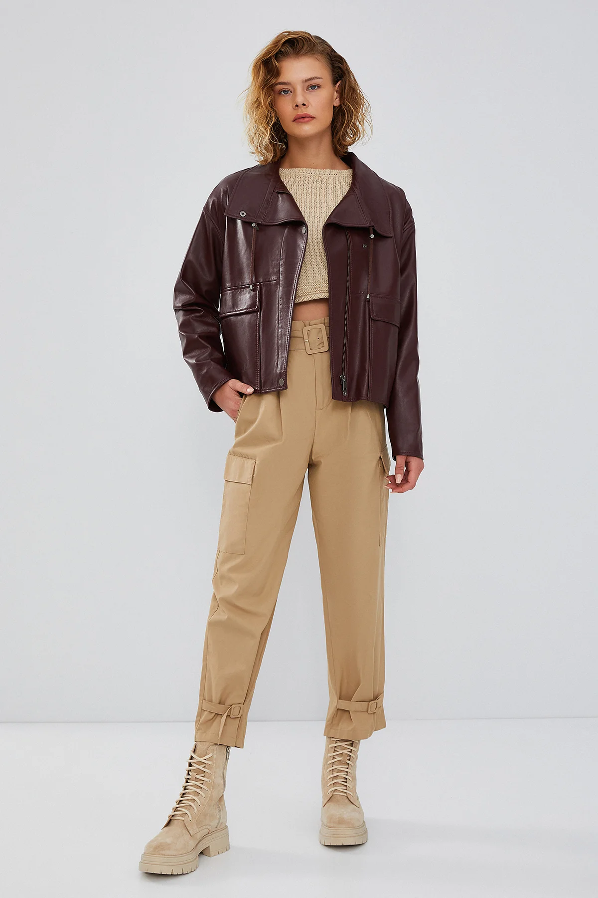 Nova Kadın Bordo Oversize Deri Ceket - Image 4