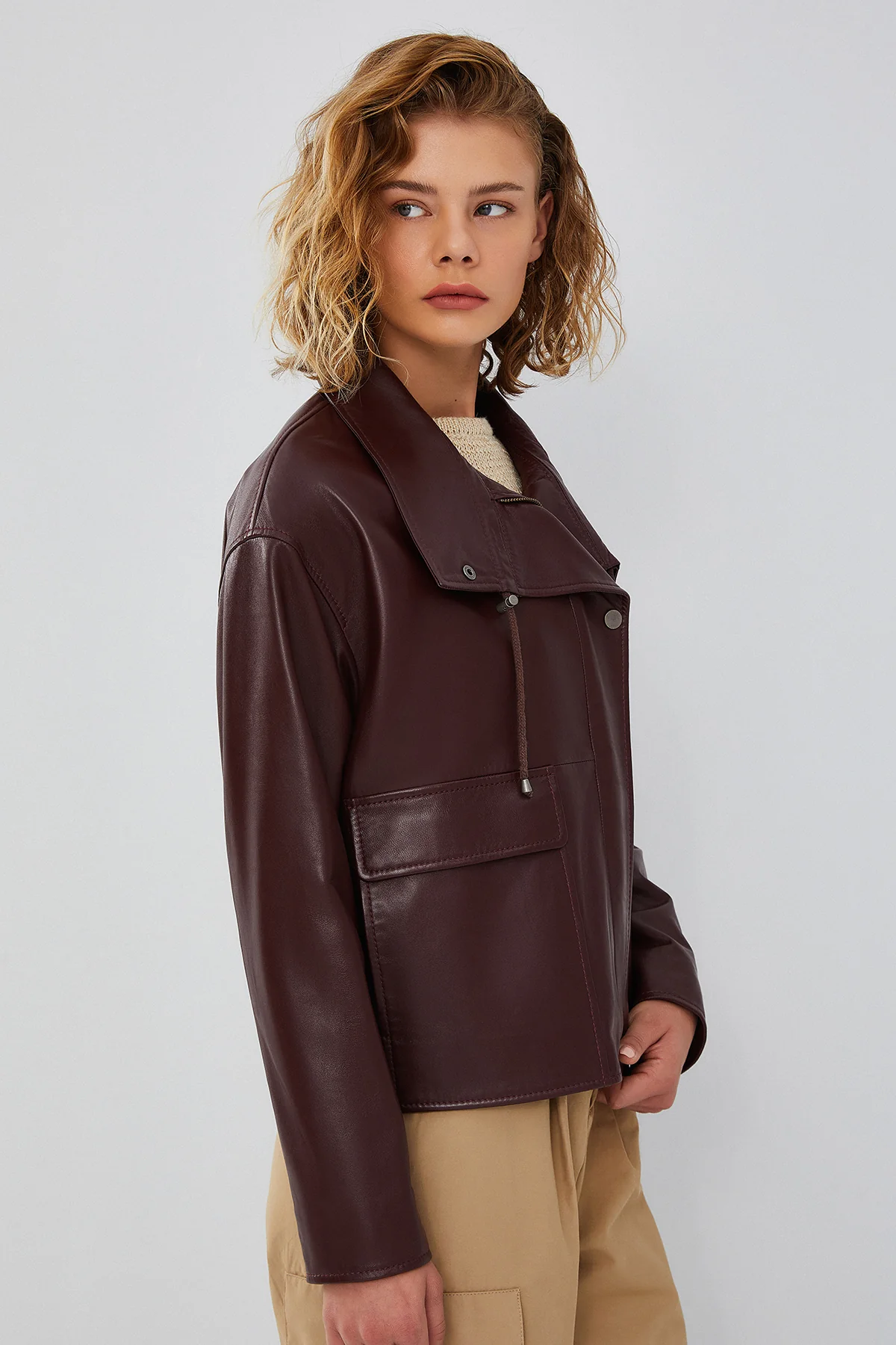 Nova Kadın Bordo Oversize Deri Ceket - Image 5