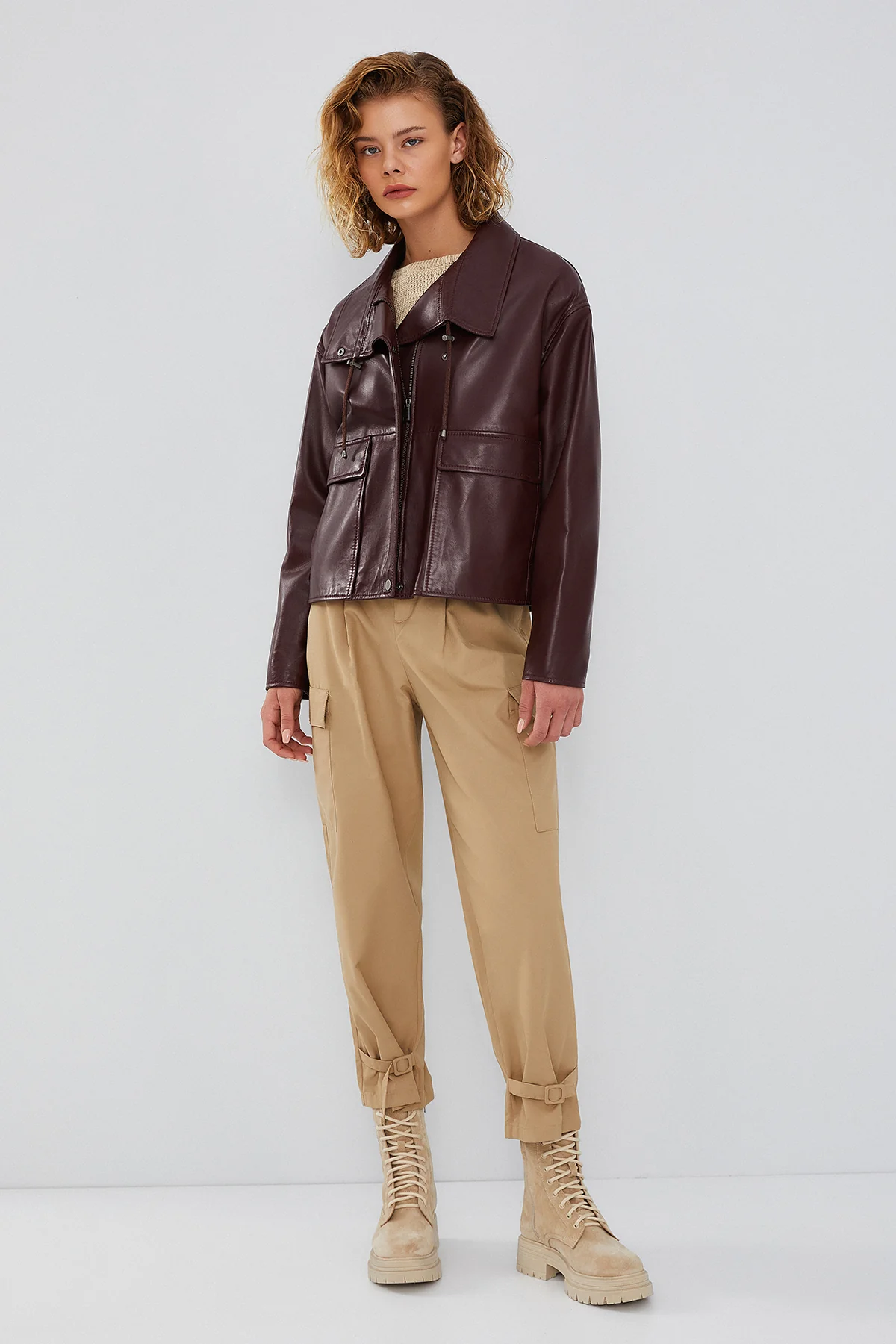 Nova Kadın Bordo Oversize Deri Ceket - Image 6
