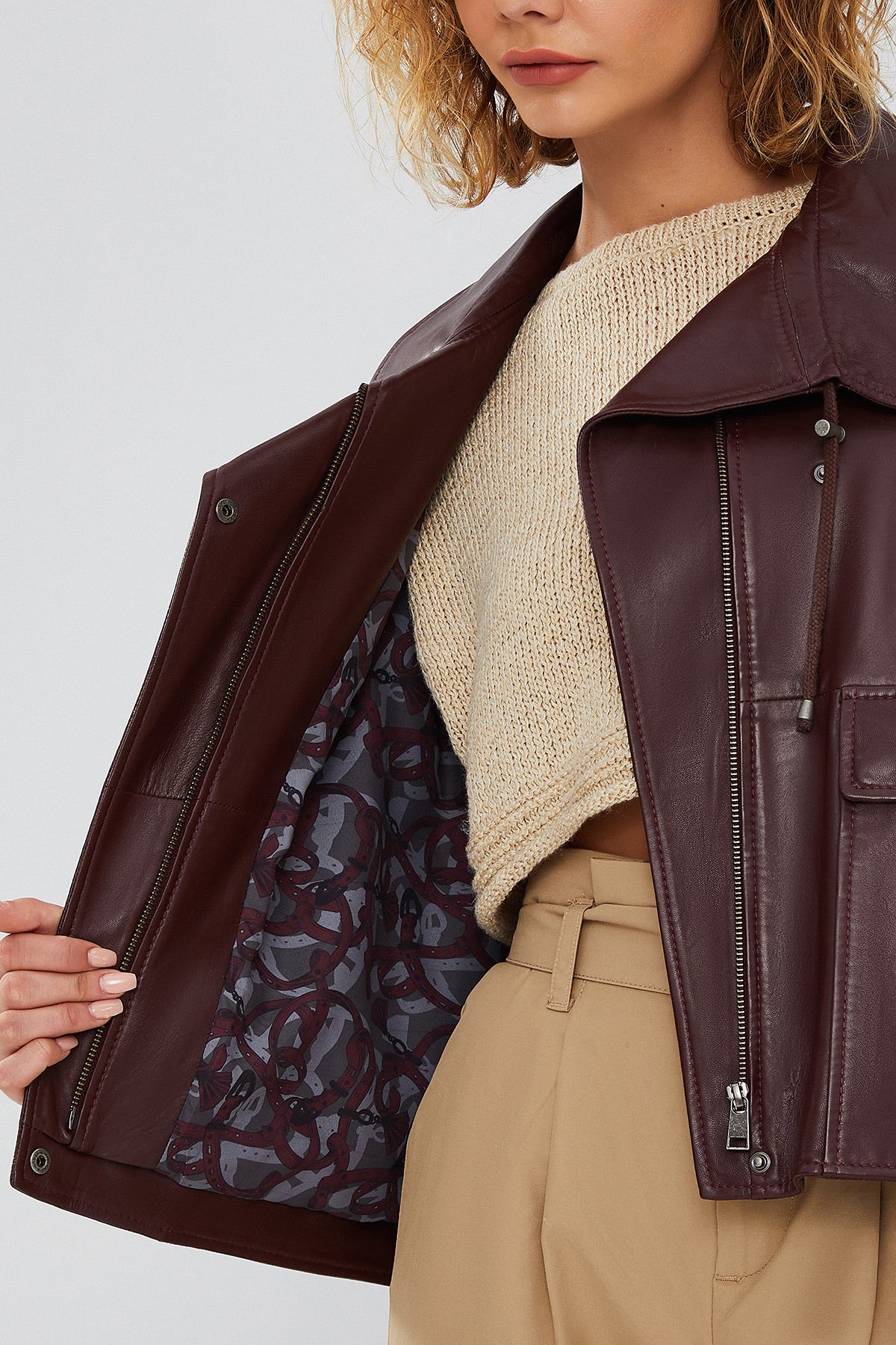 Nova Kadın Bordo Oversize Deri Ceket - Image 8