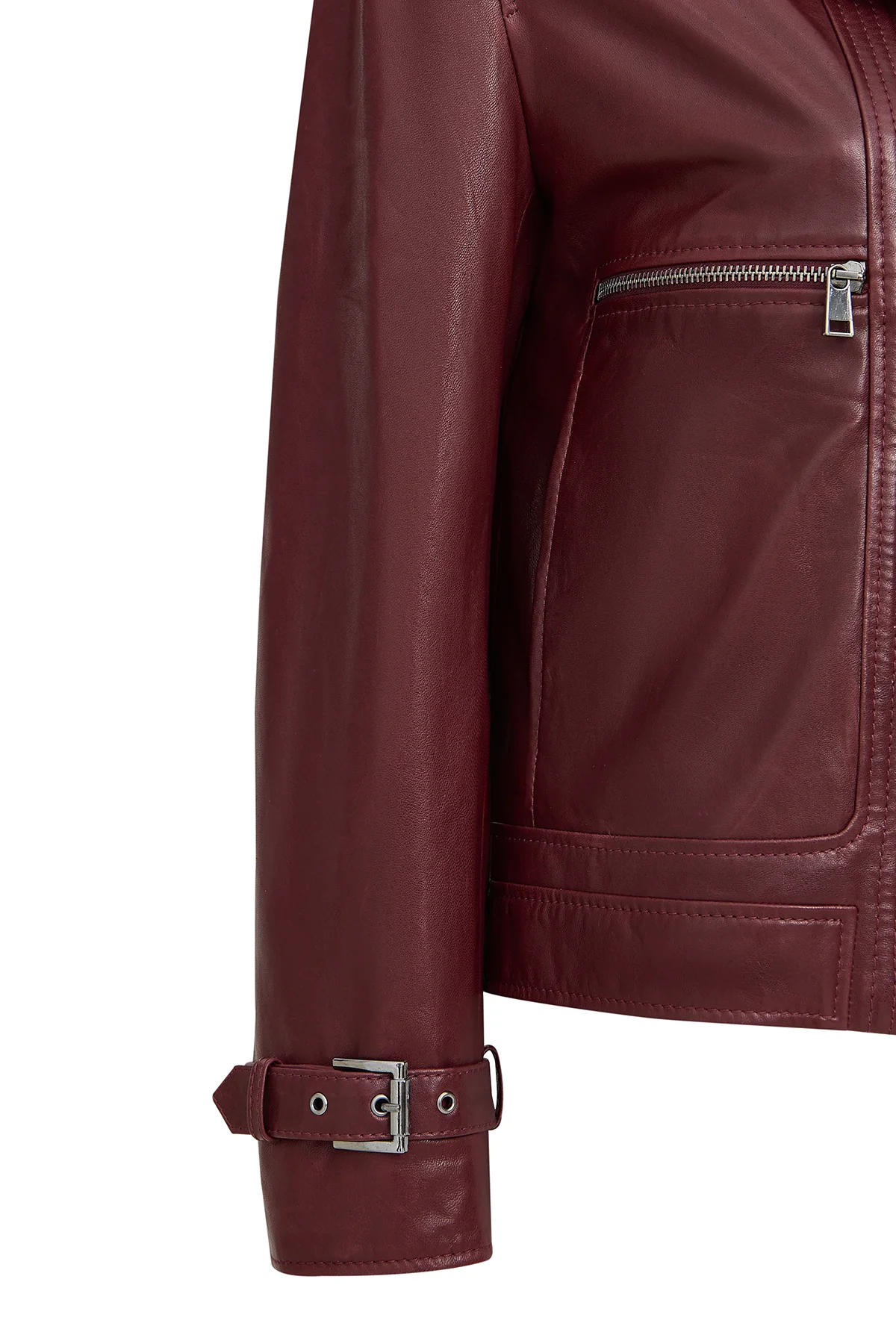 Paloma Kadın Bordo Kısa Oversize Biker Deri Ceket - Image 8