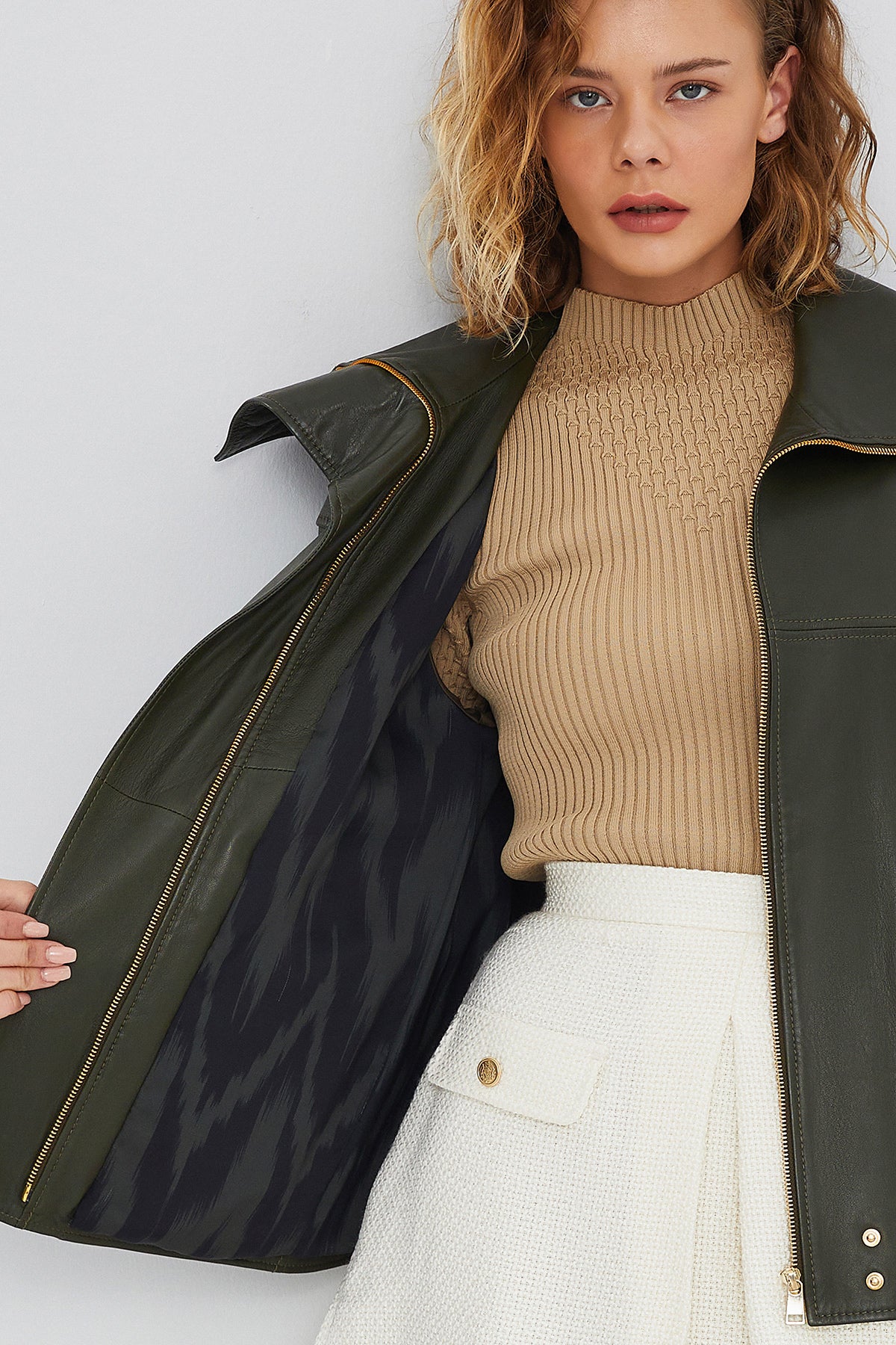 Simona Kadın Yeşil Oversize Deri Ceket - Image 8