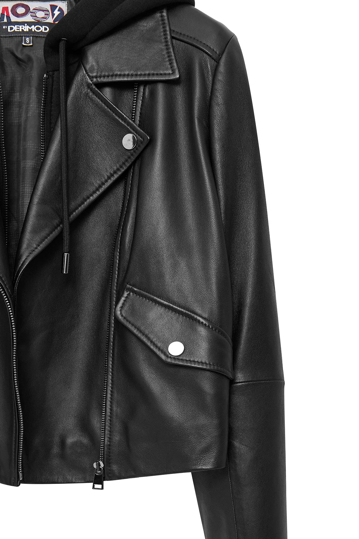 Smart Kadın Siyah Kapüşonlu Biker Deri Ceket - Image 6