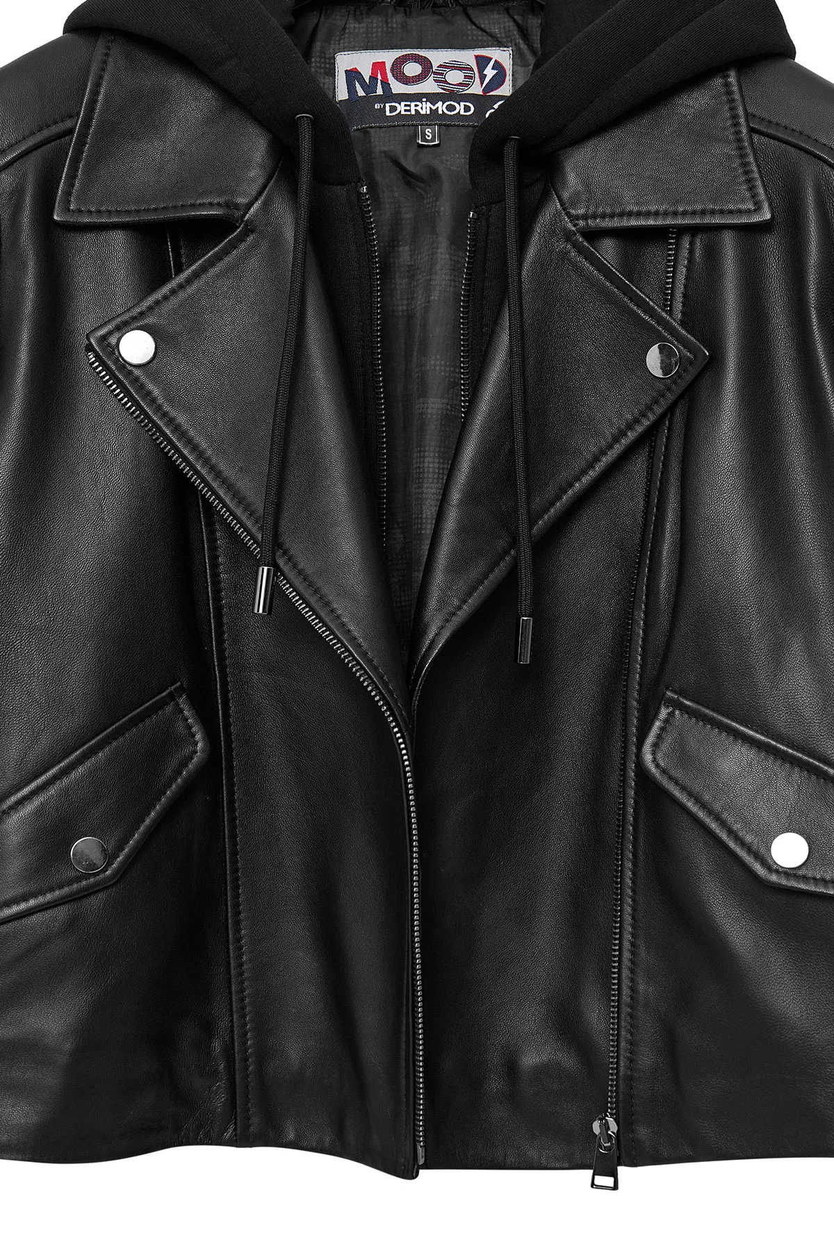 Smart Kadın Siyah Kapüşonlu Biker Deri Ceket - Image 7