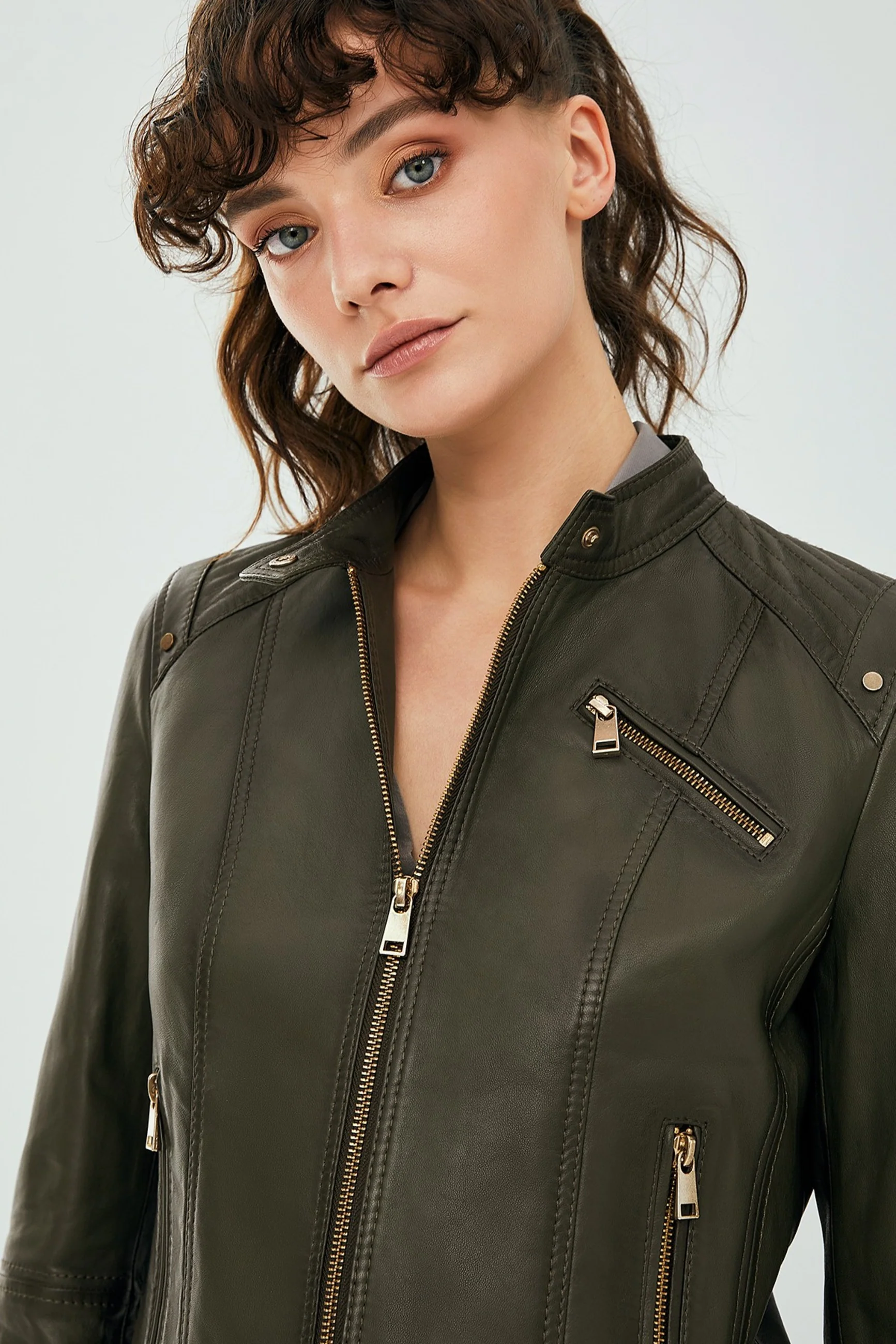 Sonia Kadın Haki Deri Ceket - Image 7