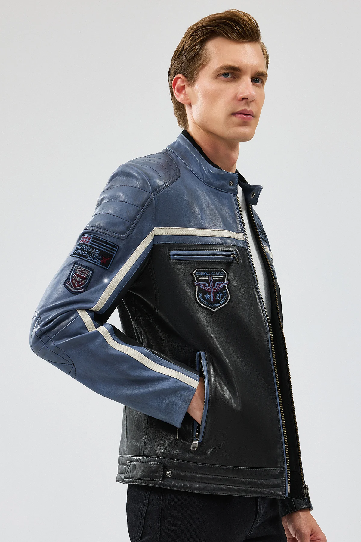Takeoff Erkek Mavi Slim-Fit Deri Ceket - Image 4