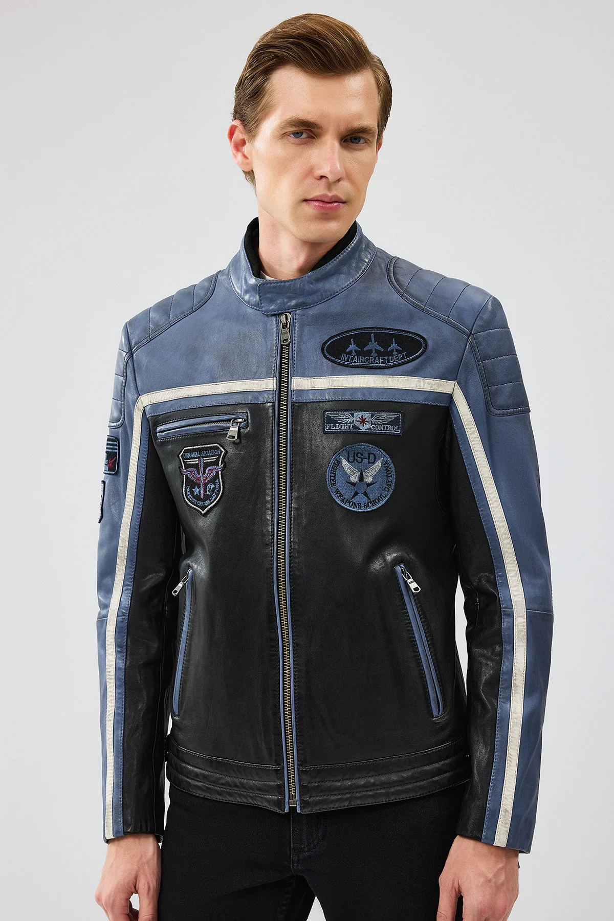 Takeoff Erkek Mavi Slim-Fit Deri Ceket - Image 6