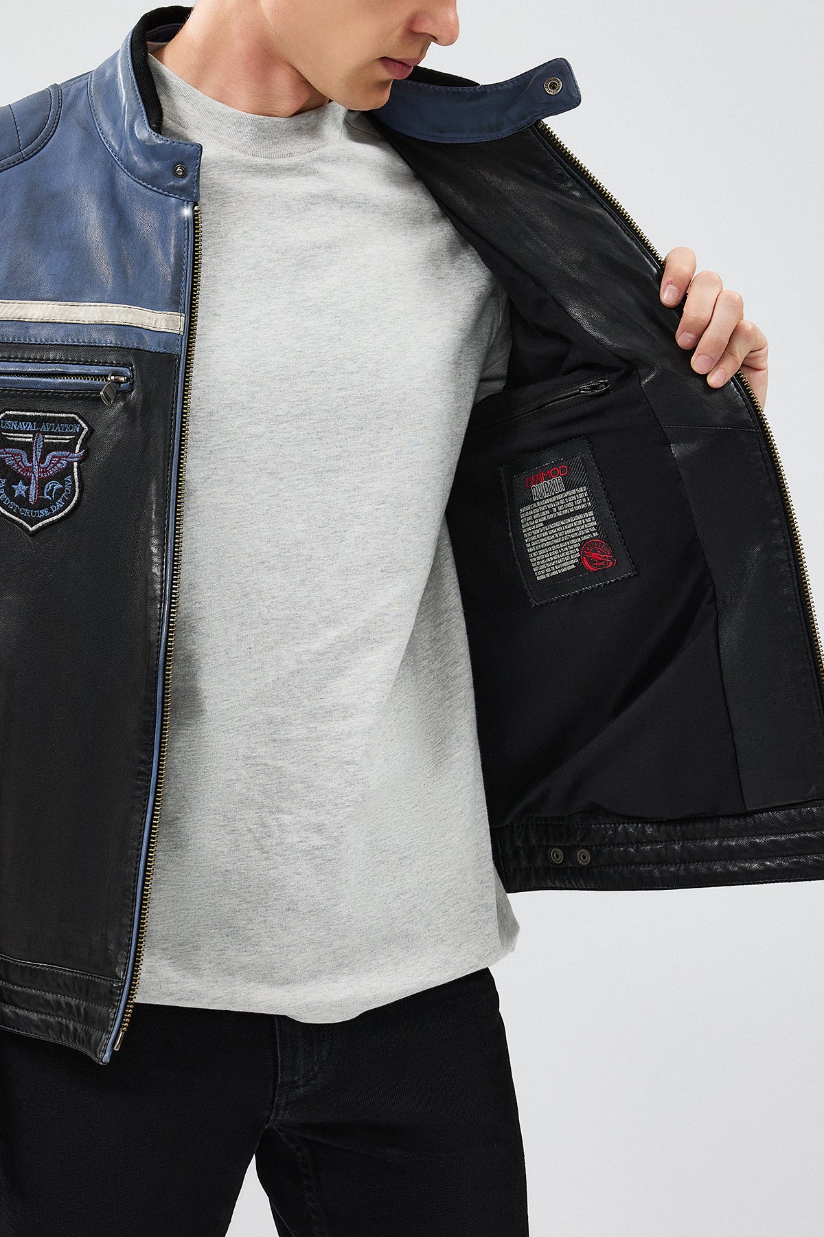 Takeoff Erkek Mavi Slim-Fit Deri Ceket - Image 8