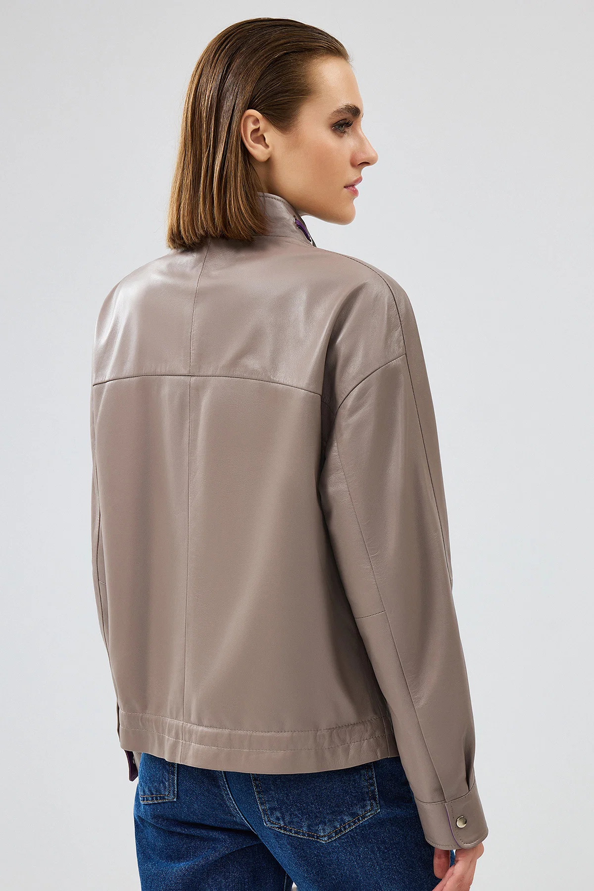 Terry Kadın Gri Oversize Deri Ceket - Image 4