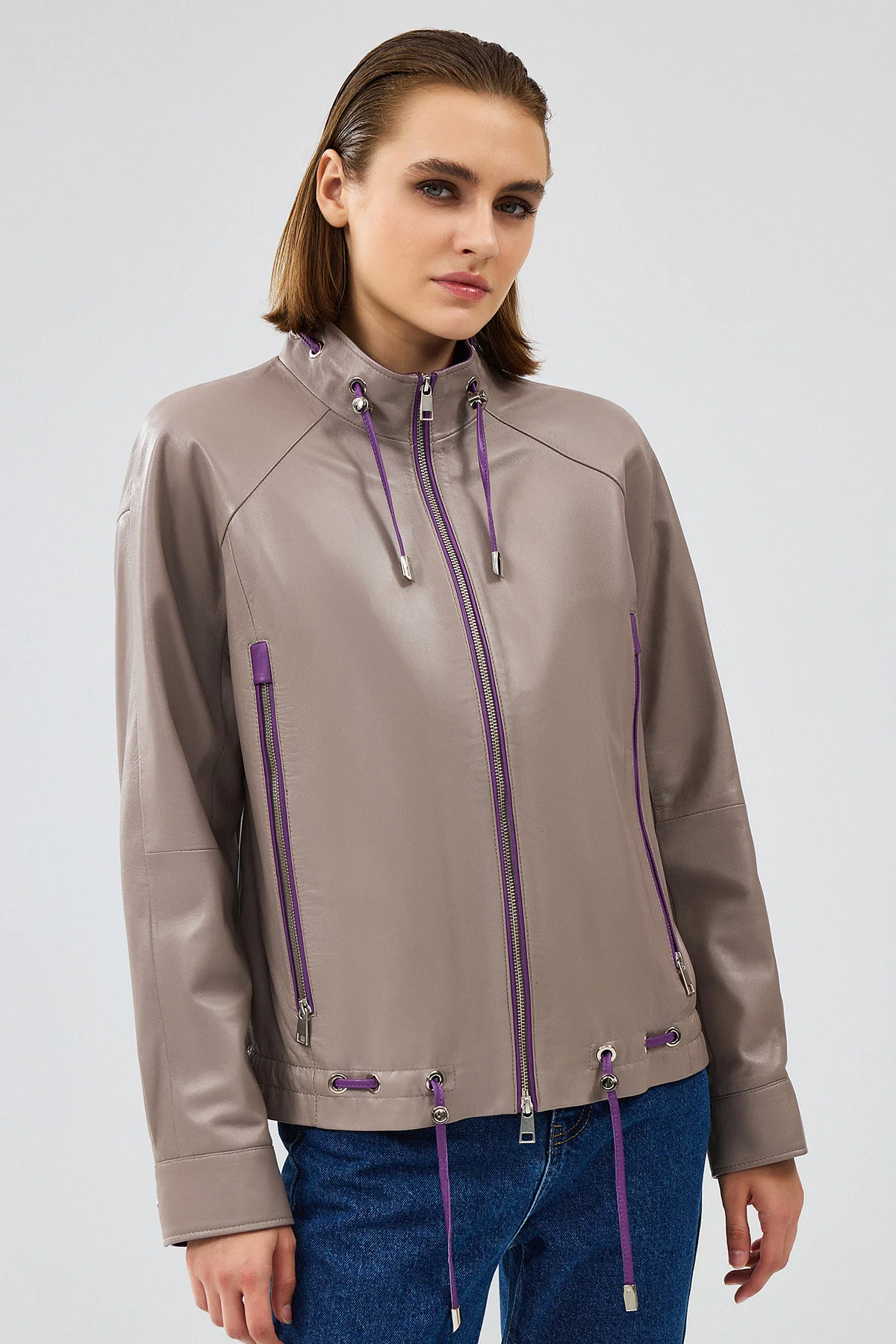 Terry Kadın Gri Oversize Deri Ceket - Image 6