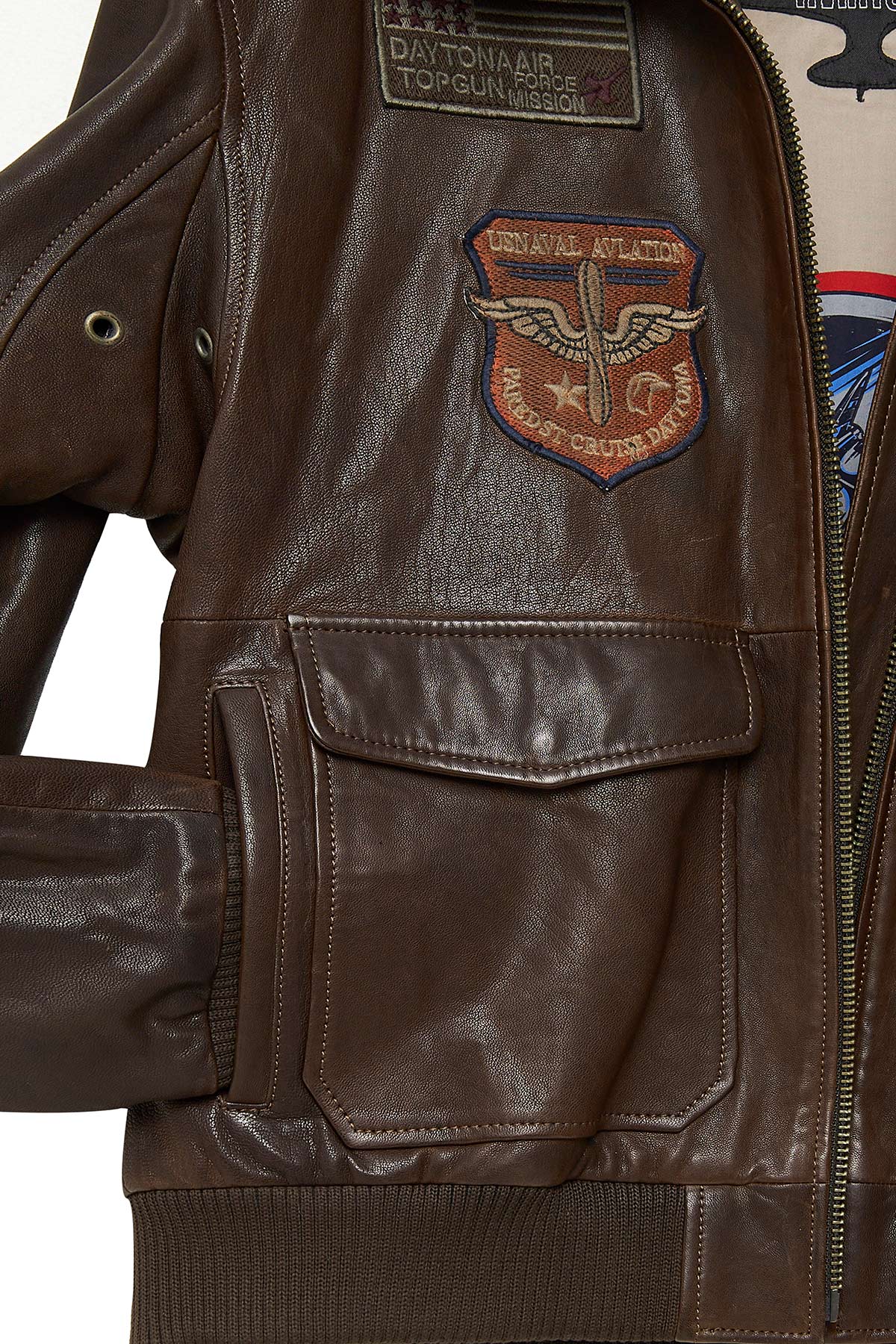 Top Gun Kadın Kahverengi Armalı Yakası Kürklü Deri Pilot Mont - Image 11