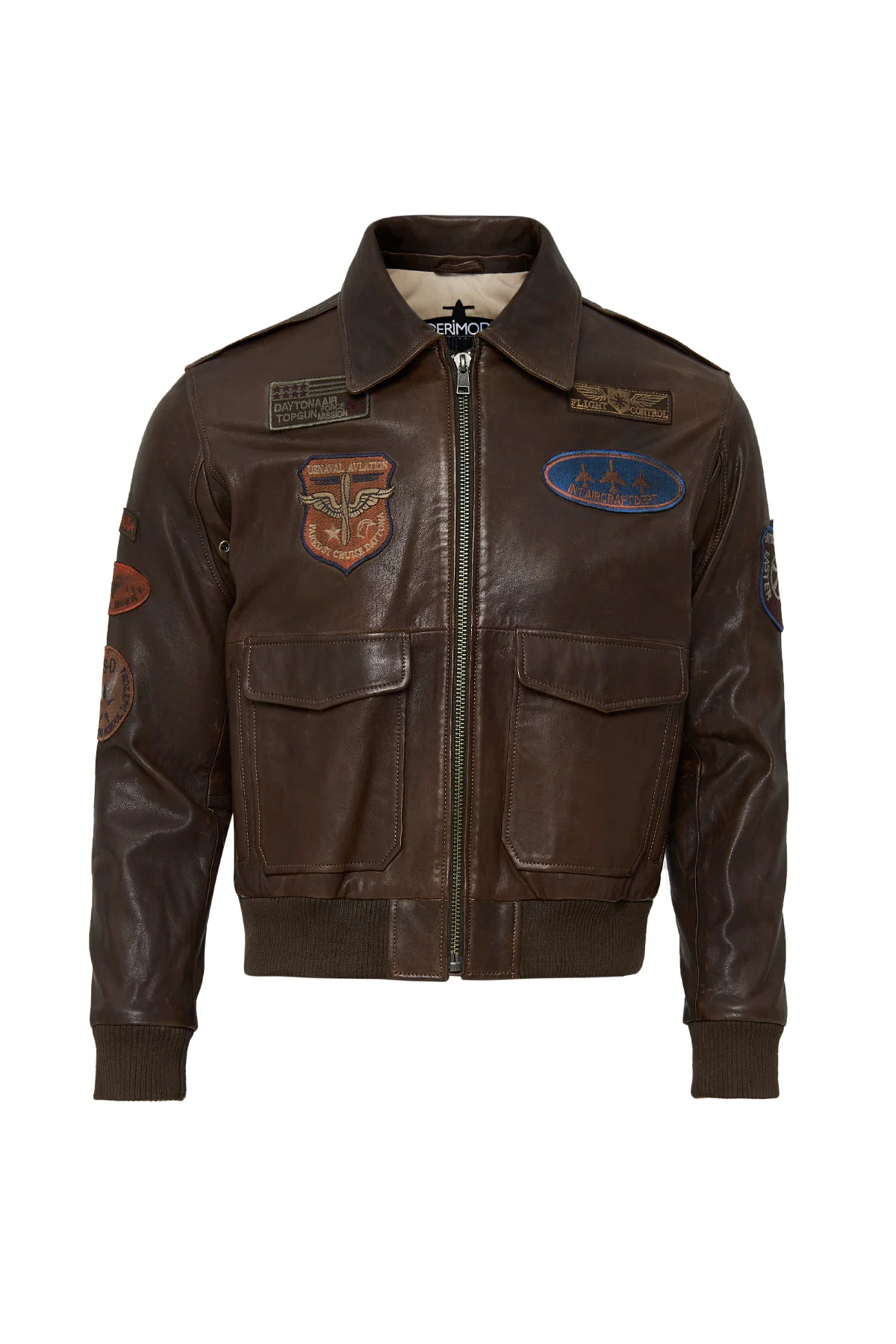 Top Gun Kadın Kahverengi Armalı Yakası Kürklü Deri Pilot Mont - Image 3