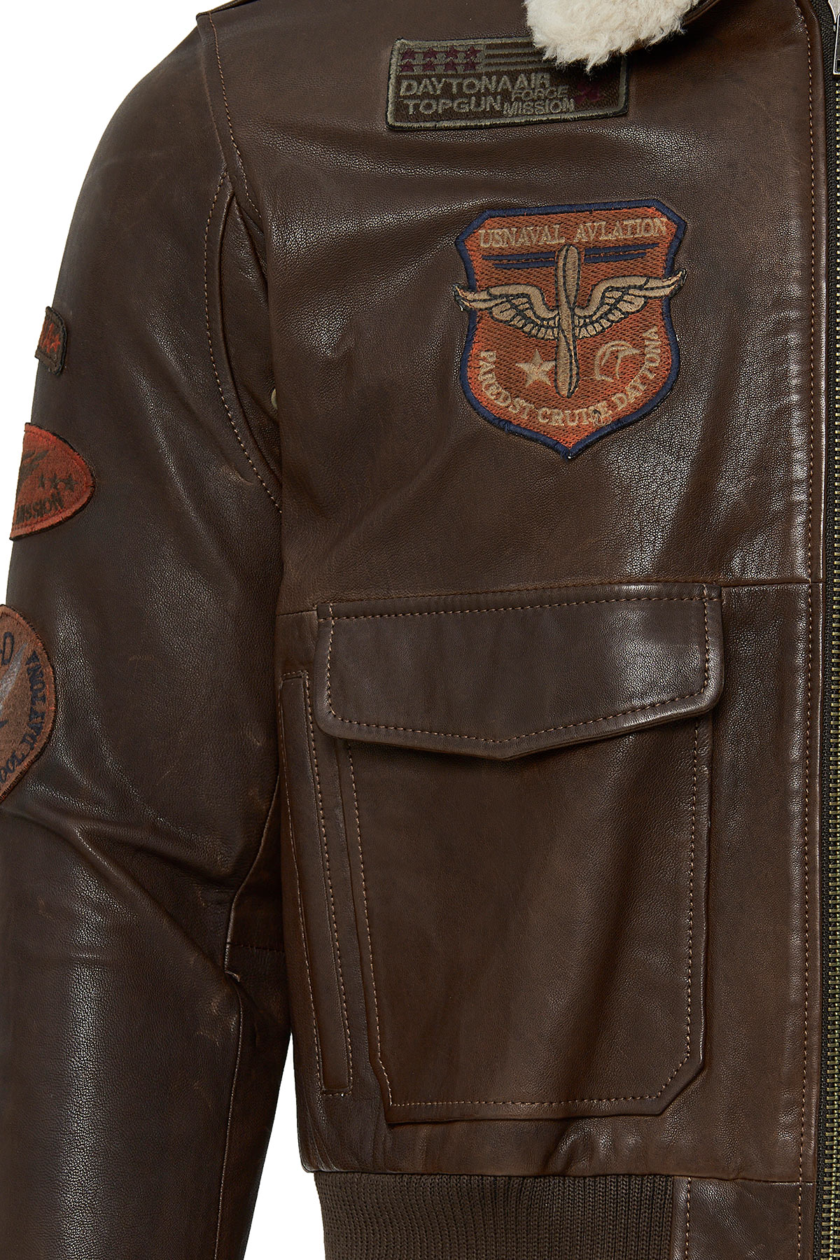 Top Gun Kadın Kahverengi Armalı Yakası Kürklü Deri Pilot Mont - Image 5
