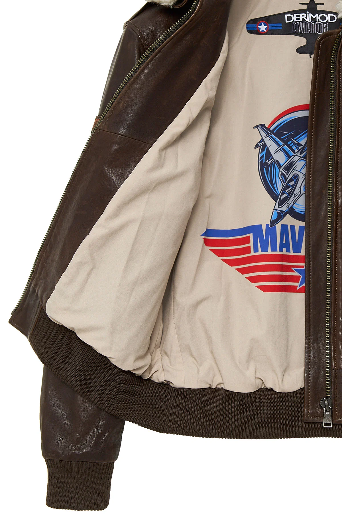 Top Gun Kadın Kahverengi Armalı Yakası Kürklü Deri Pilot Mont - Image 9