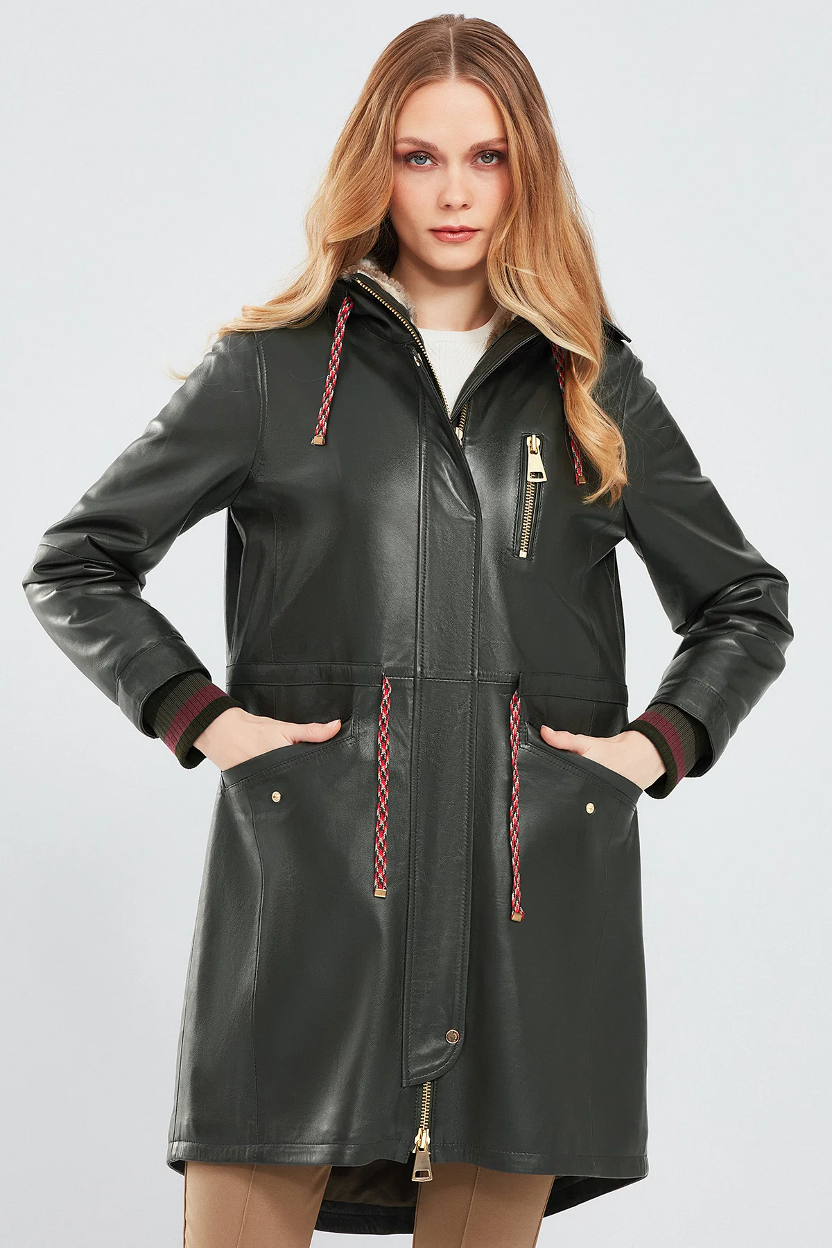 Valentina Kadın Yeşil Kürklü Deri Parka - Image 2