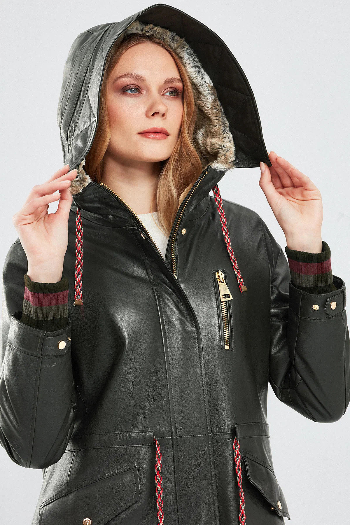 Valentina Kadın Yeşil Kürklü Deri Parka - Image 6