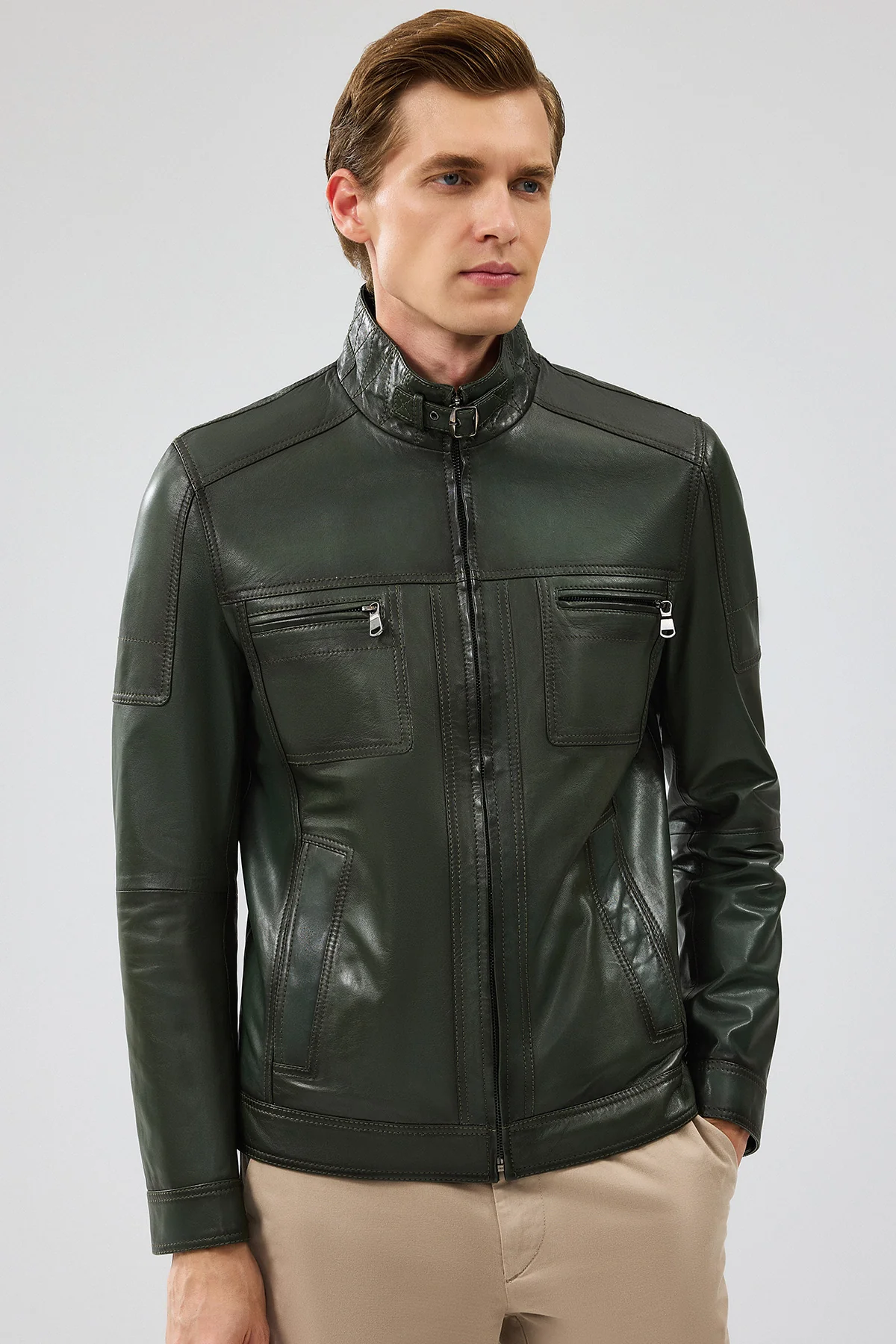 Wade Erkek Haki Slim-Fit Deri Mont - Image 3