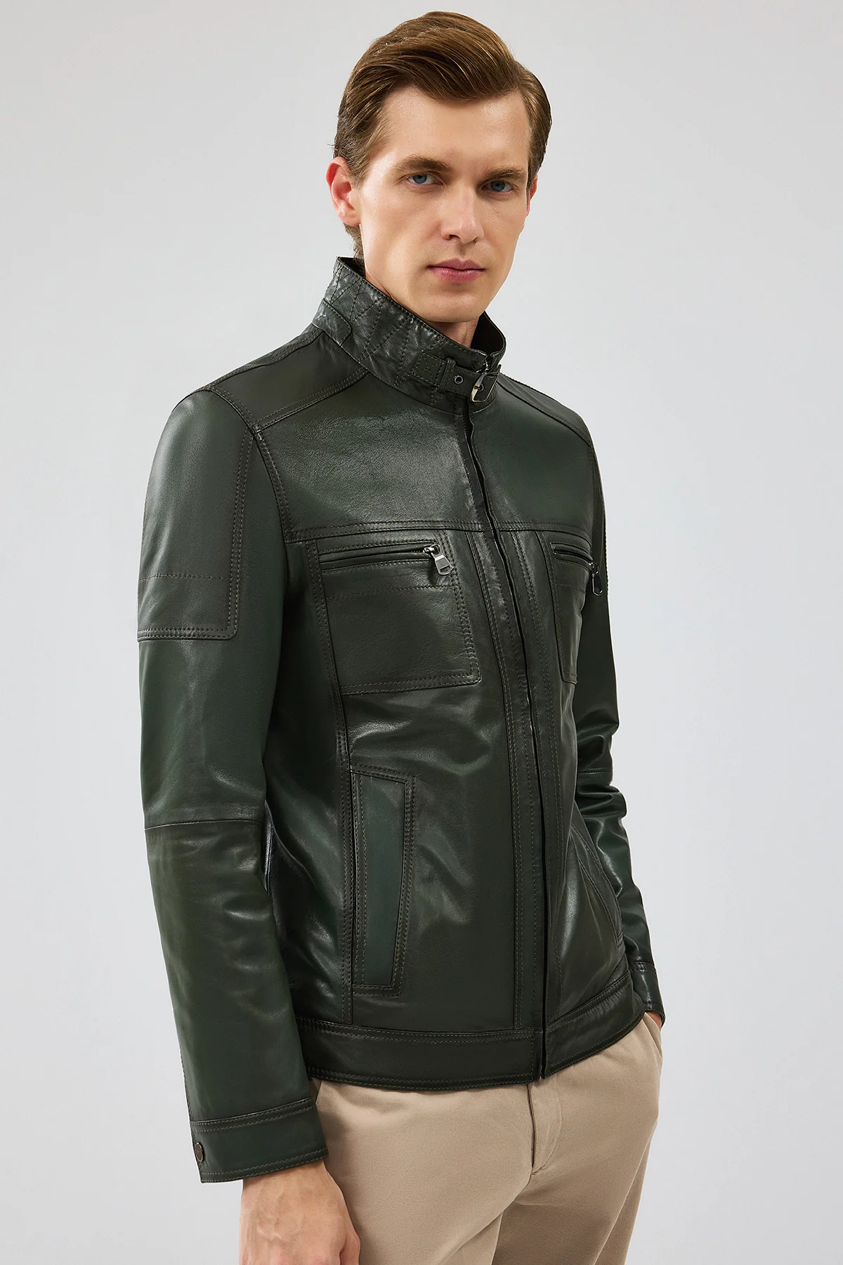 Wade Erkek Haki Slim-Fit Deri Mont - Image 4