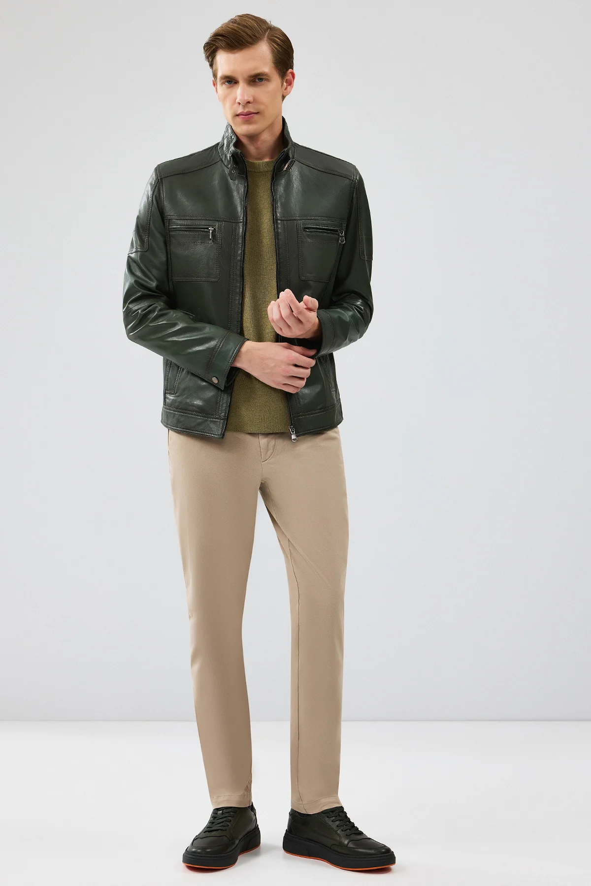 Wade Erkek Haki Slim-Fit Deri Mont - Image 6