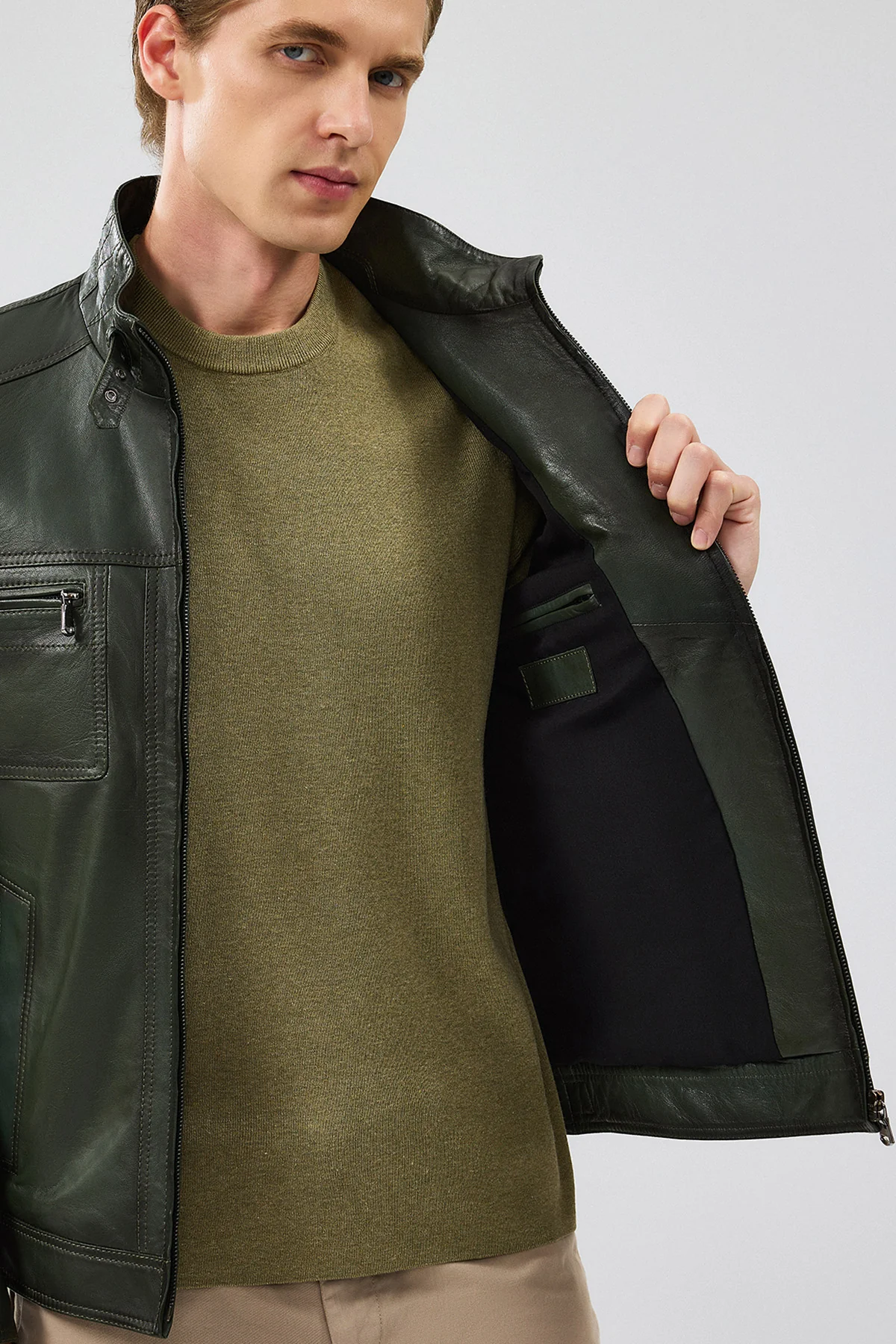 Wade Erkek Haki Slim-Fit Deri Mont - Image 8