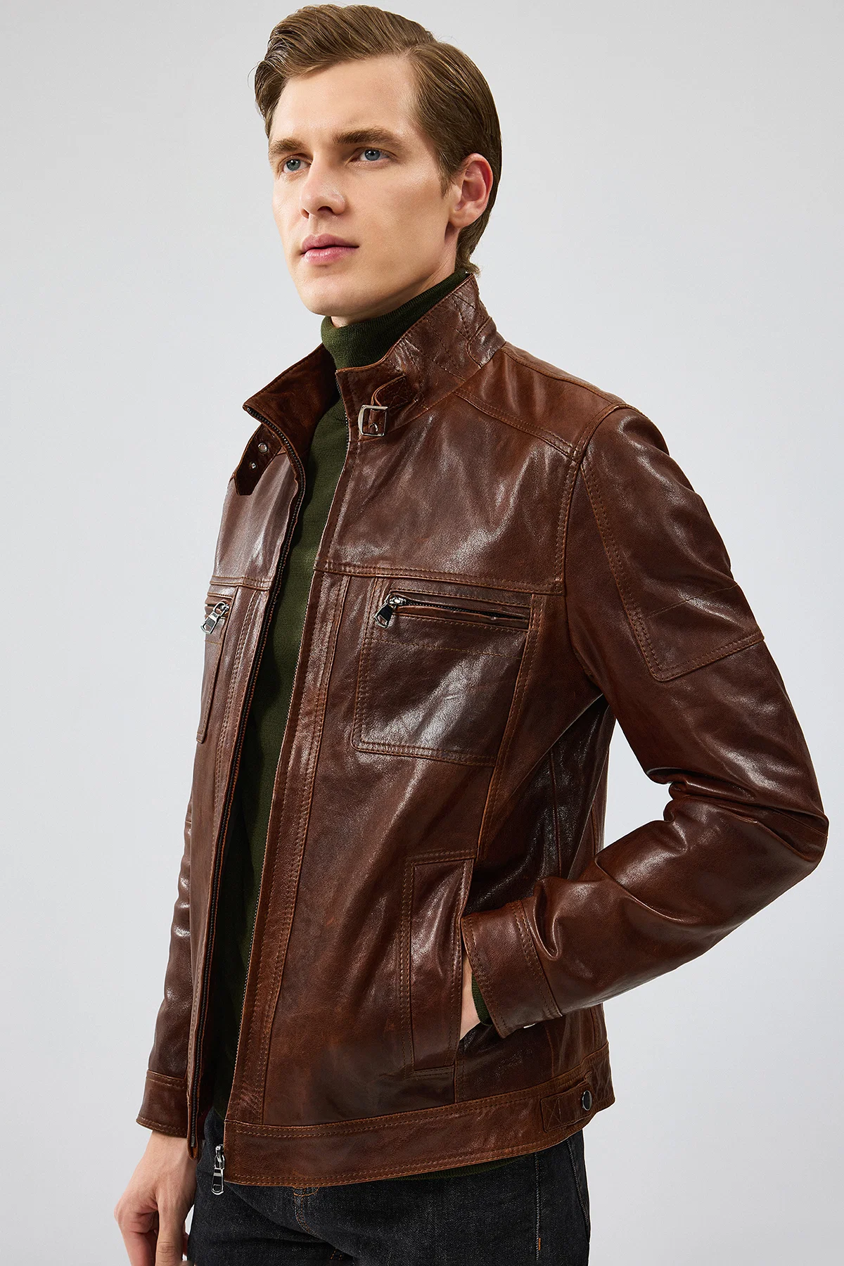 Wade Erkek Kahverengi Slim-Fit Deri Ceket - Image 3