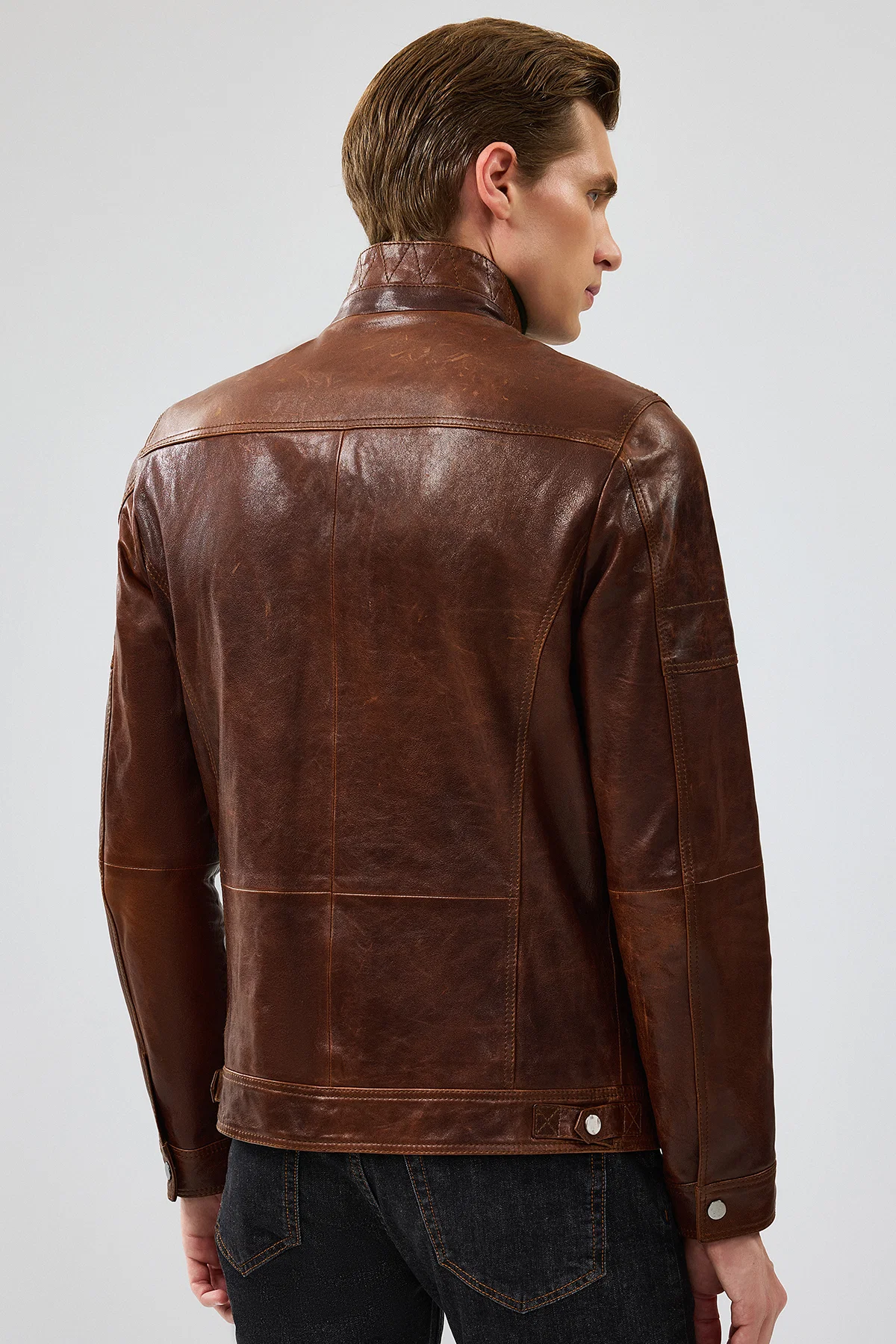 Wade Erkek Kahverengi Slim-Fit Deri Ceket - Image 5