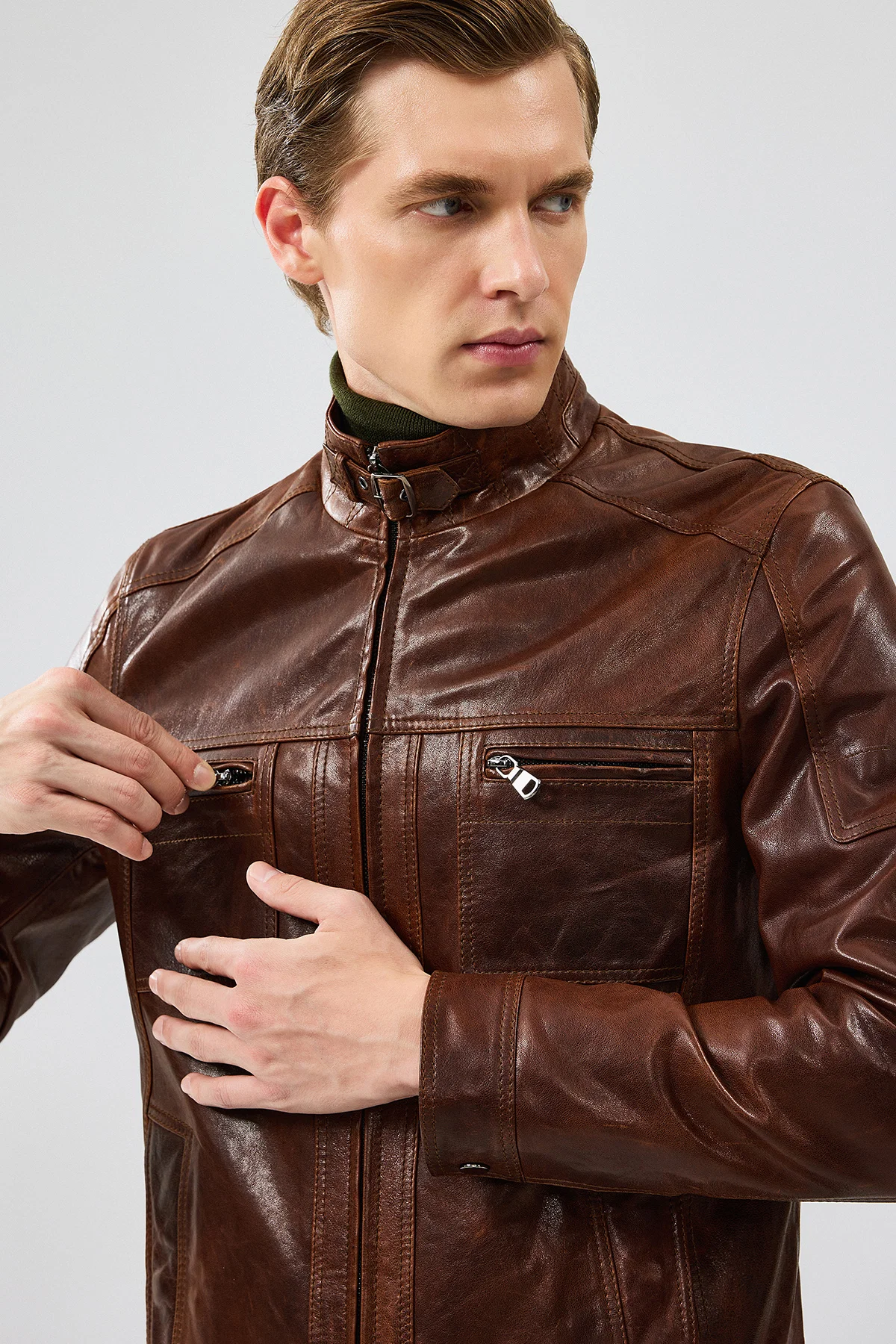 Wade Erkek Kahverengi Slim-Fit Deri Ceket - Image 7