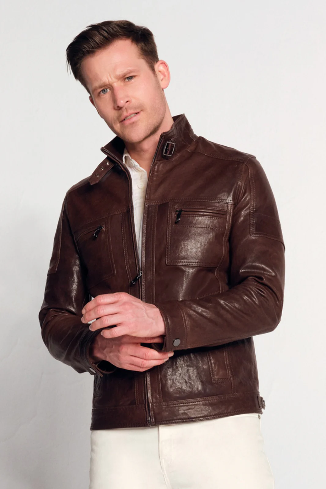 Wade Erkek Kahverengi Slim-Fit Deri Ceket - Image 3