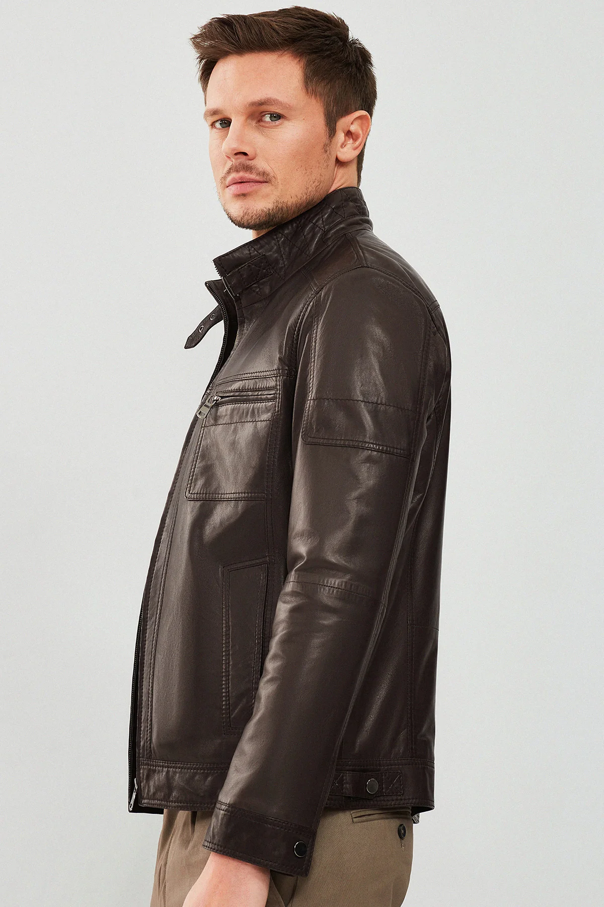 Wade Erkek Kahverengi Slim-Fit Deri Mont - Image 3