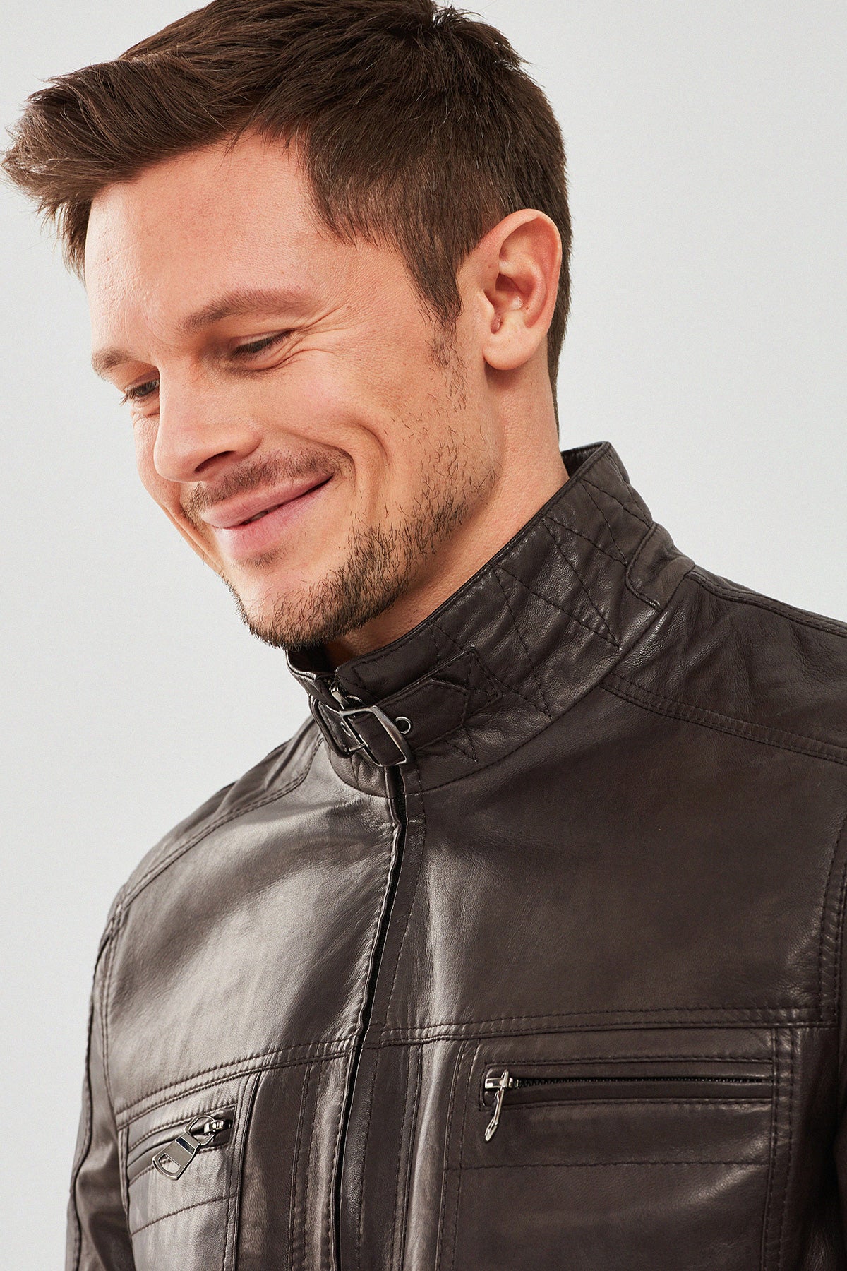 Wade Erkek Kahverengi Slim-Fit Deri Mont - Image 5
