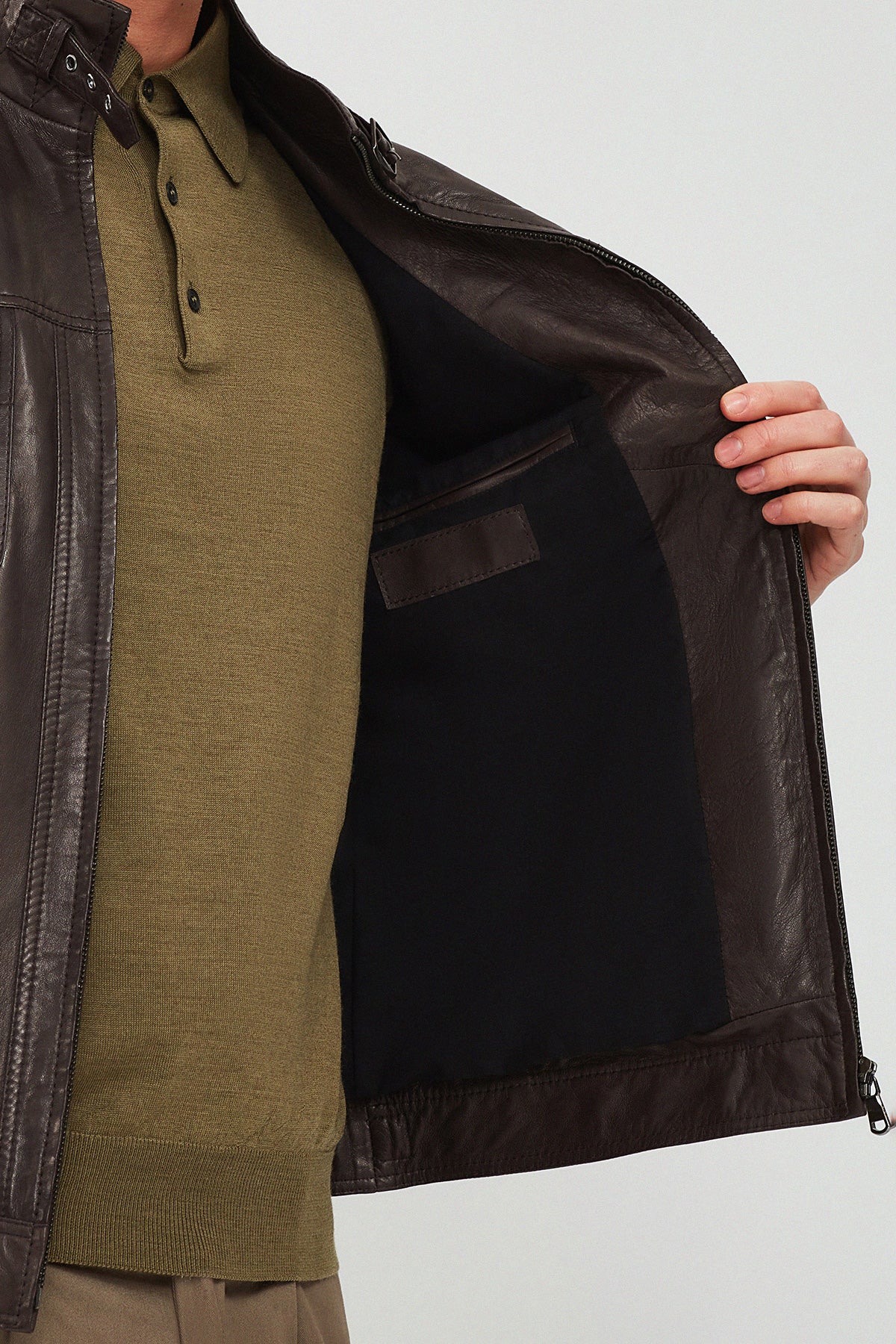 Wade Erkek Kahverengi Slim-Fit Deri Mont - Image 7