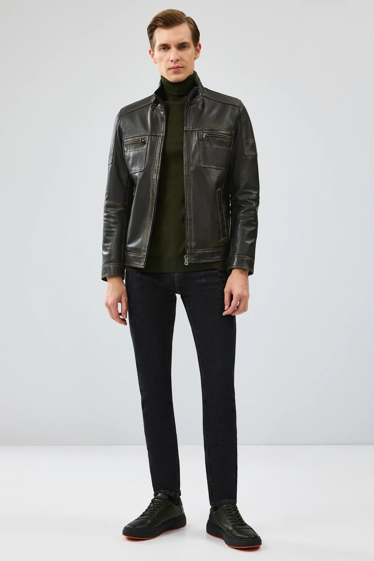 Wade Erkek Yeşil Slim-Fit Deri Mont - Image 6