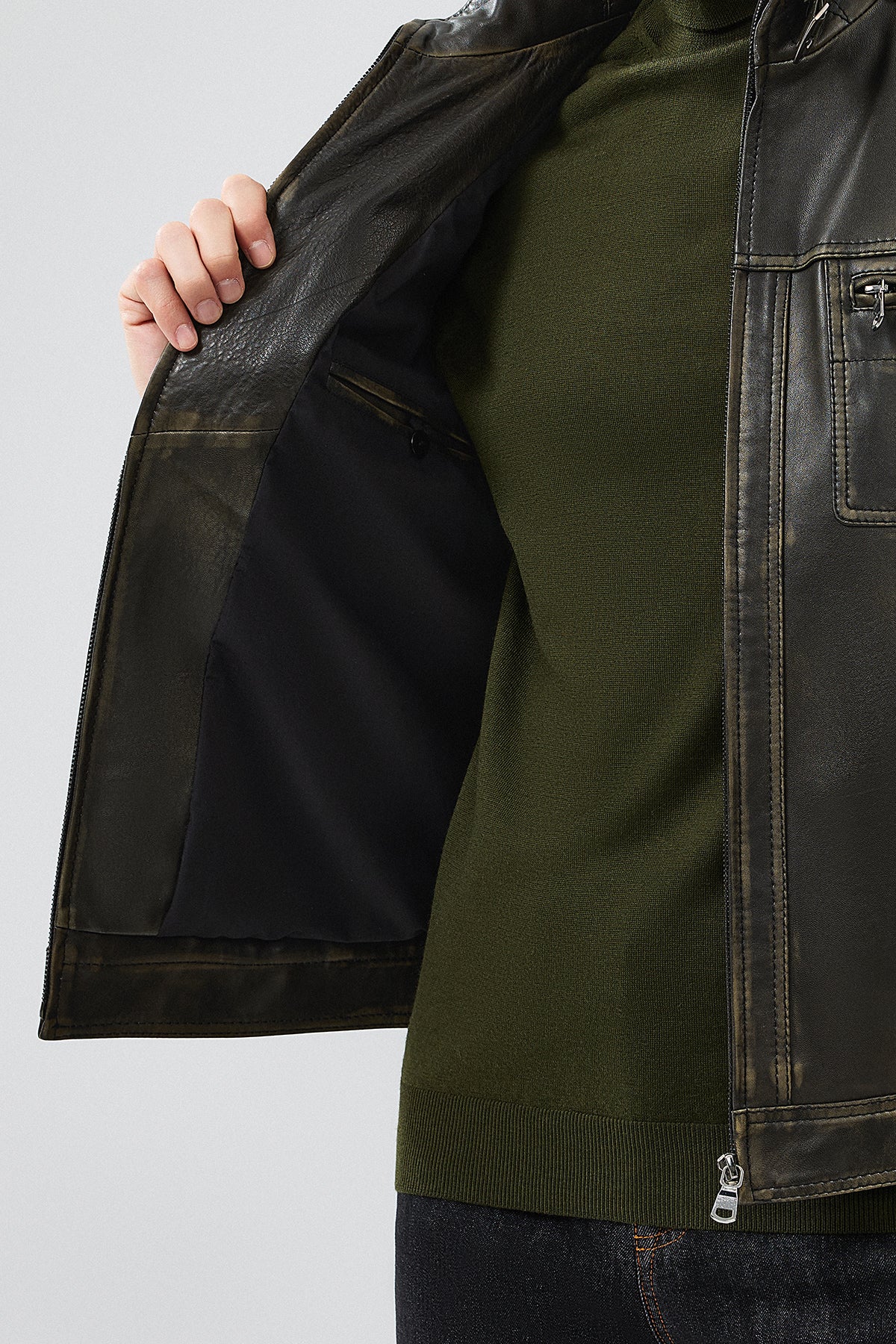 Wade Erkek Yeşil Slim-Fit Deri Mont - Image 8